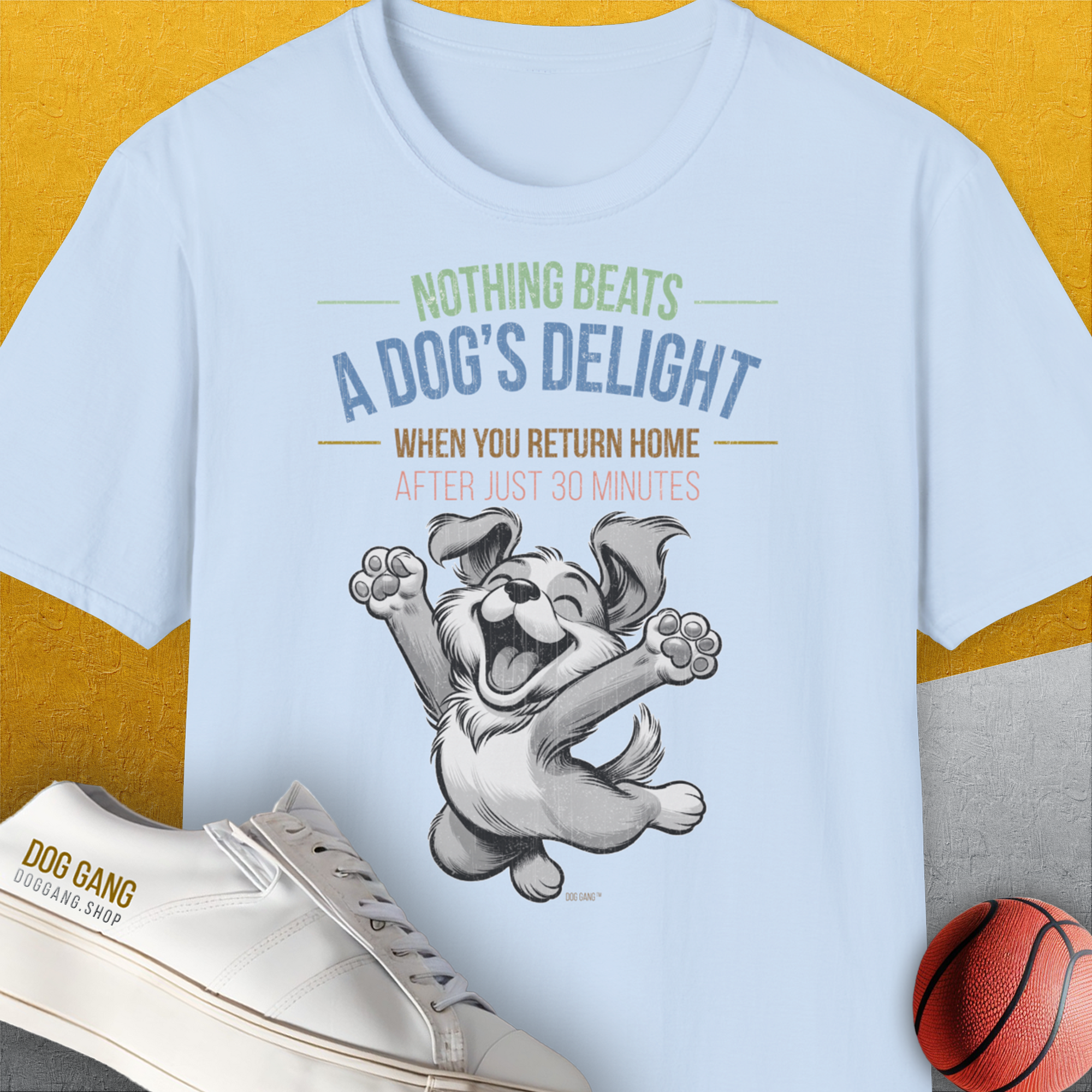 Nothing Beats A Dog's Delight When You Return Home, Volume 1, Unisex T-Shirt-Light Blue-originelles und lustiges Hundeshirt, Design by Dog Gang