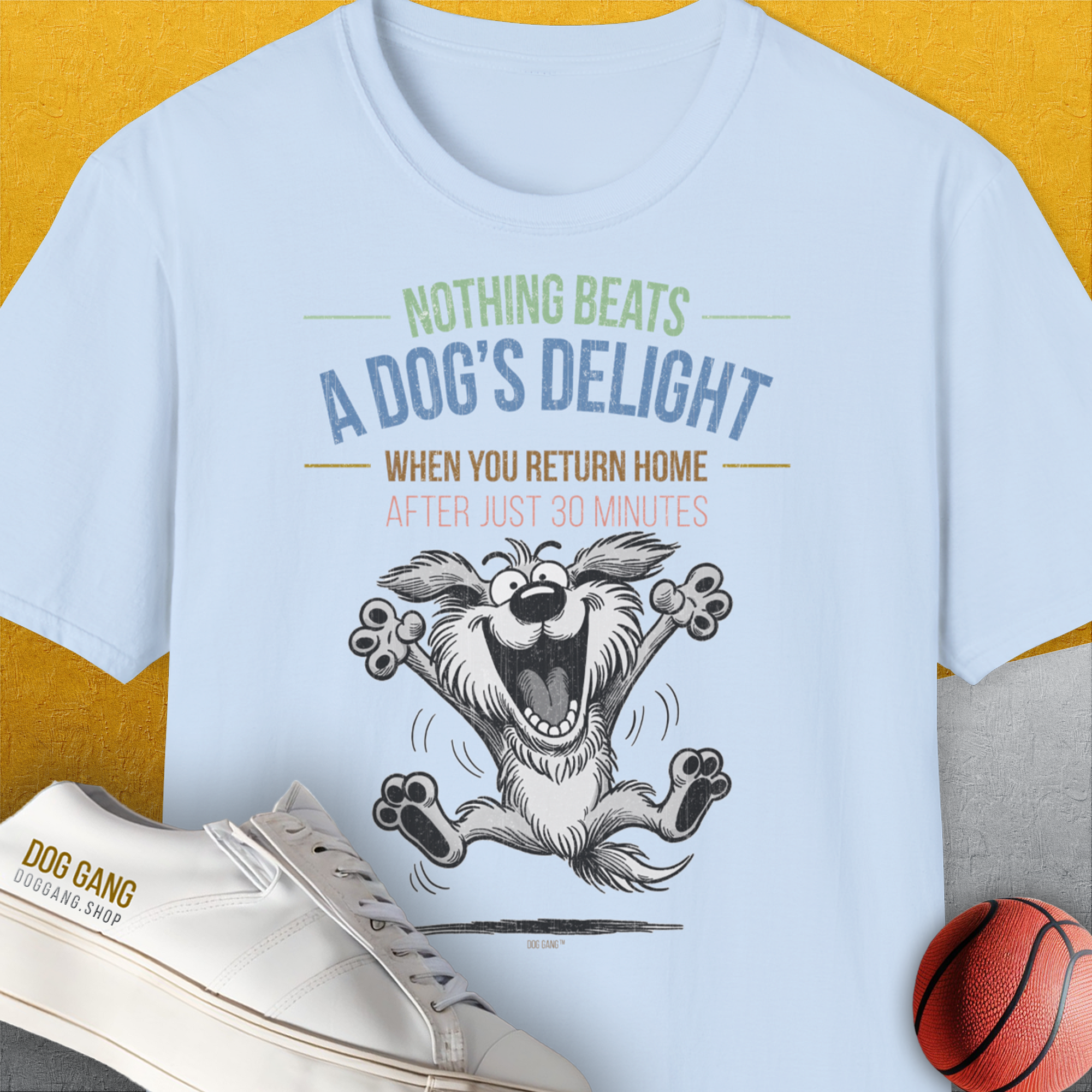Nothing Beats A Dog's Delight When You Return Home, Volume 2, Unisex T-Shirt-Light Blue-bequemes Shirt mit lustigem Spruch für Hundebesitzer, Design by Dog Gang