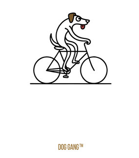 A simple line drawing of a dog riding a bicycle. The dog has its tongue out, and there is text below that reads dogpound. The bicycle wheels have spokes, and the dog appears to be enjoying the ride.