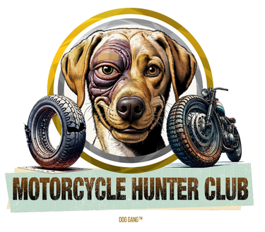 Illustration of a dog with a patched eye in front of a tire and a motorcycle. The text reads Motorcycle Hunter Club Dog Gang. The dog is smiling, positioned against a circular background, alongside motorcycle wheels.