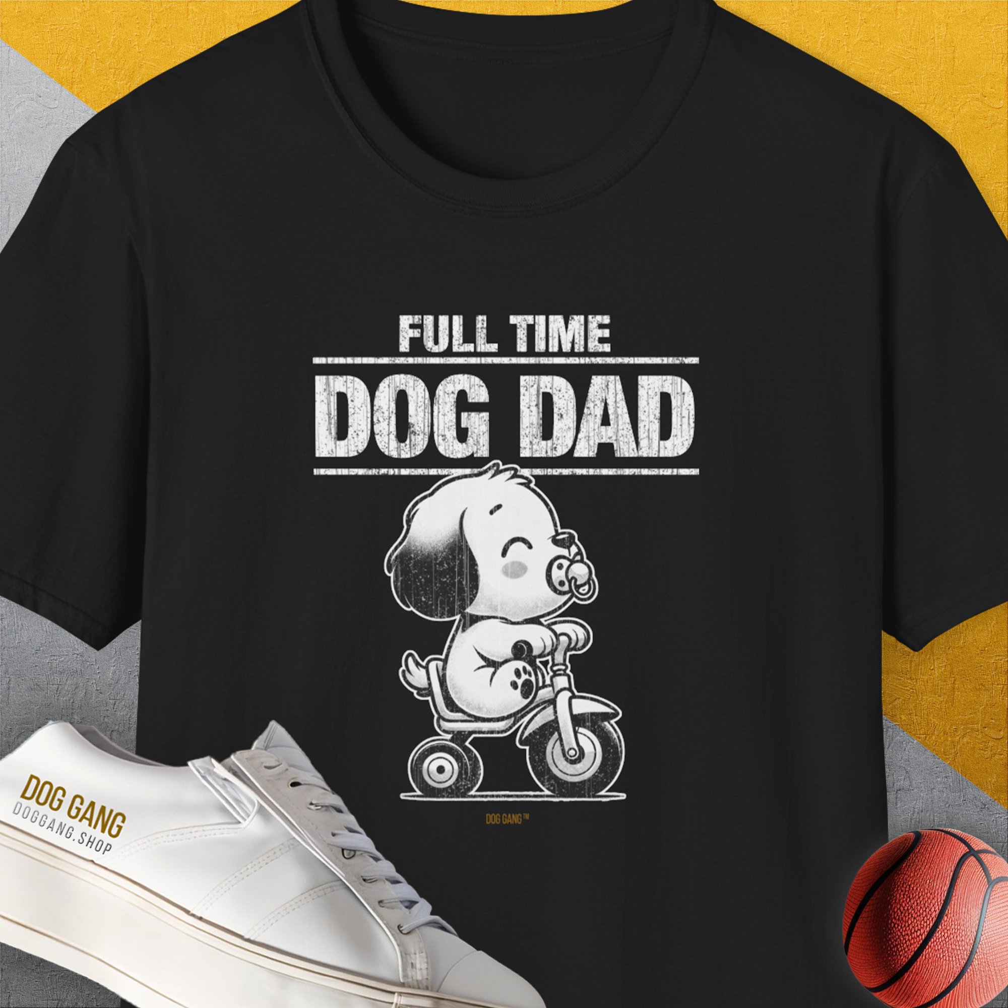 Full Time Dog Dad with a cartoon dog on a bicycle, perfect for any dog owner. Designed by Dog Gang.