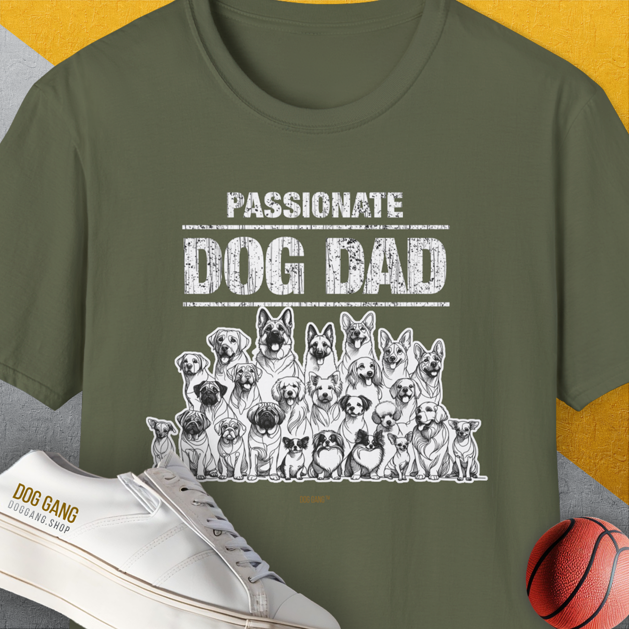 The Dog Dad Series, Volume 5 Unisex T-Shirt in military green features playful dog illustrations and a vintage design perfect for any dog lover. Designed by Dog Gang.