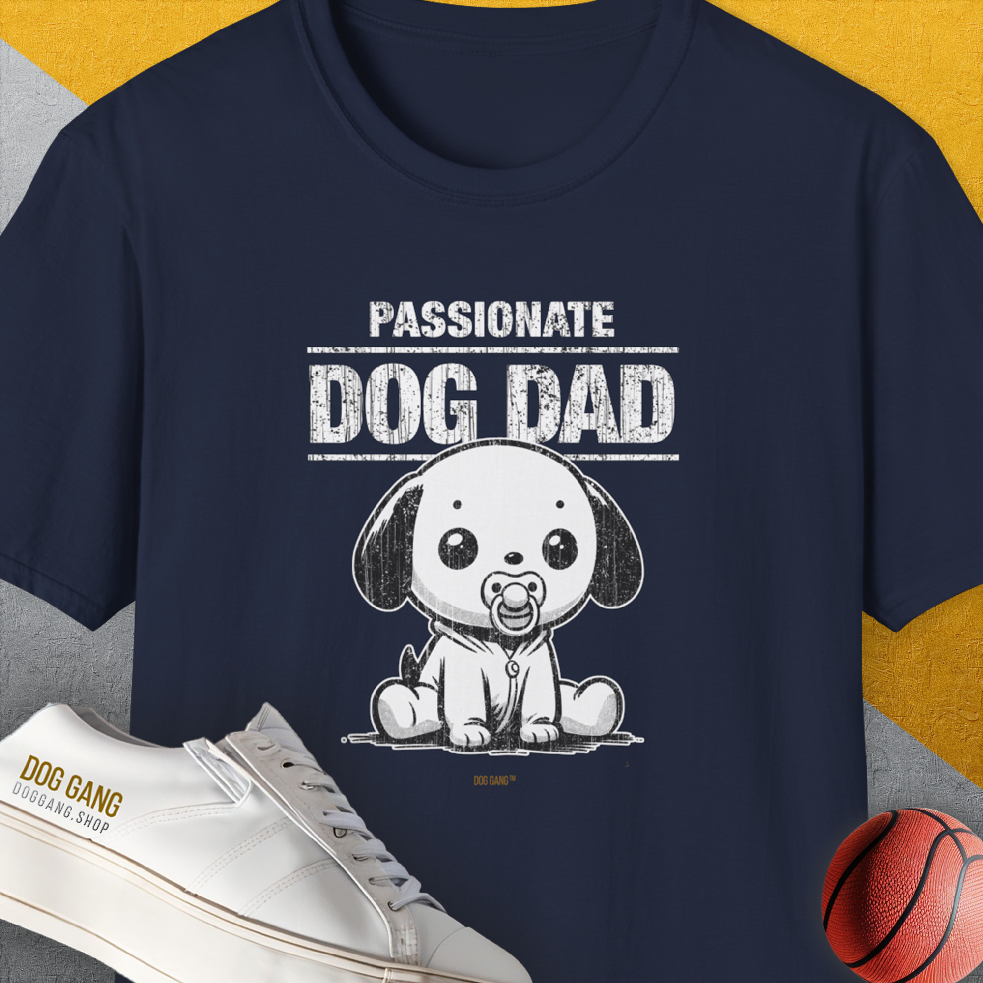 The Dog Dad Series, Volume 6 features Passionate Dog Dad and a cartoon puppy. This cute dog design is a must-have for any dog lover. Designed by Dog Gang.