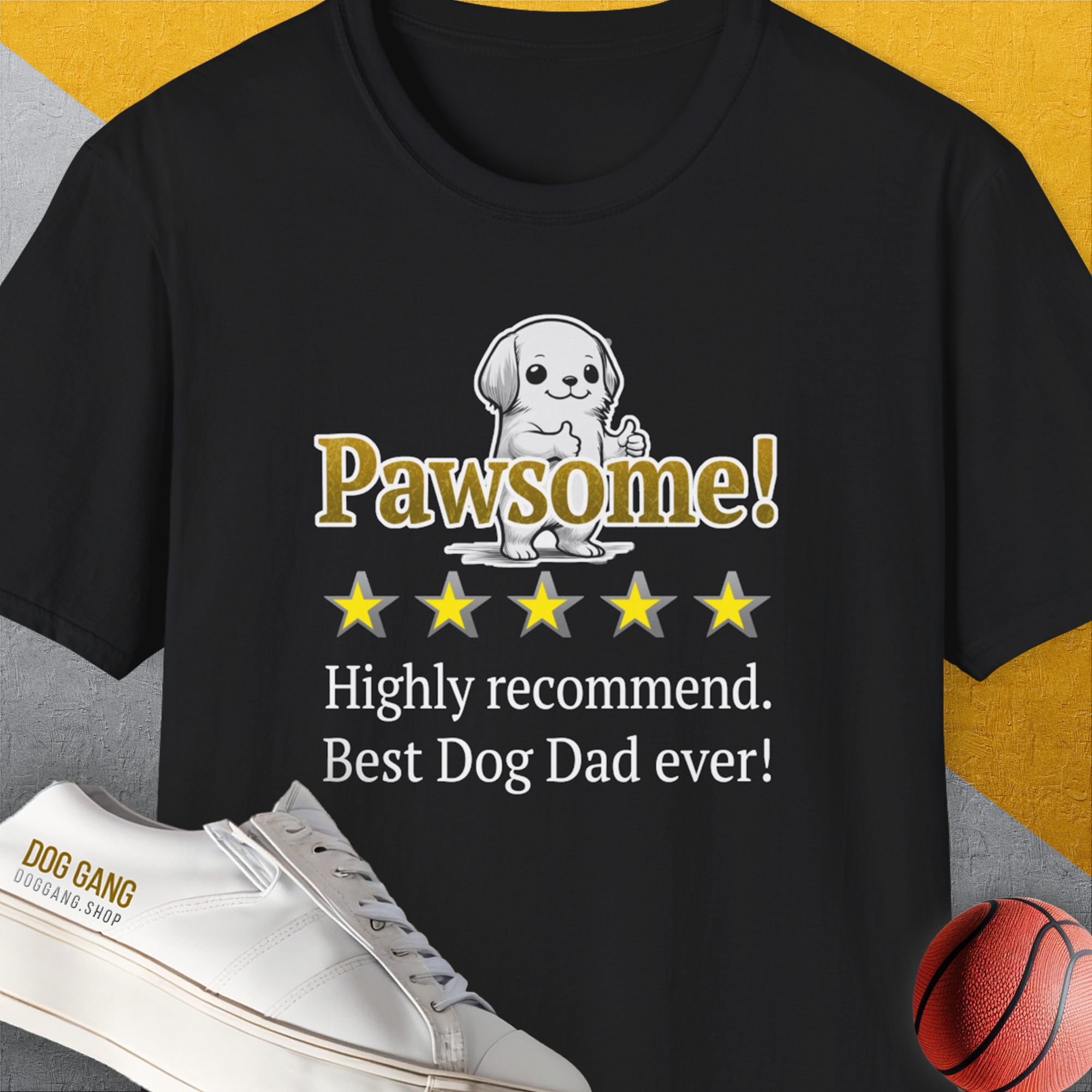 "Best Dog Dad ever" with "Pawsome!" dog graphic with % star rating, perfect for any dog owner. Designed by Dog Gang.