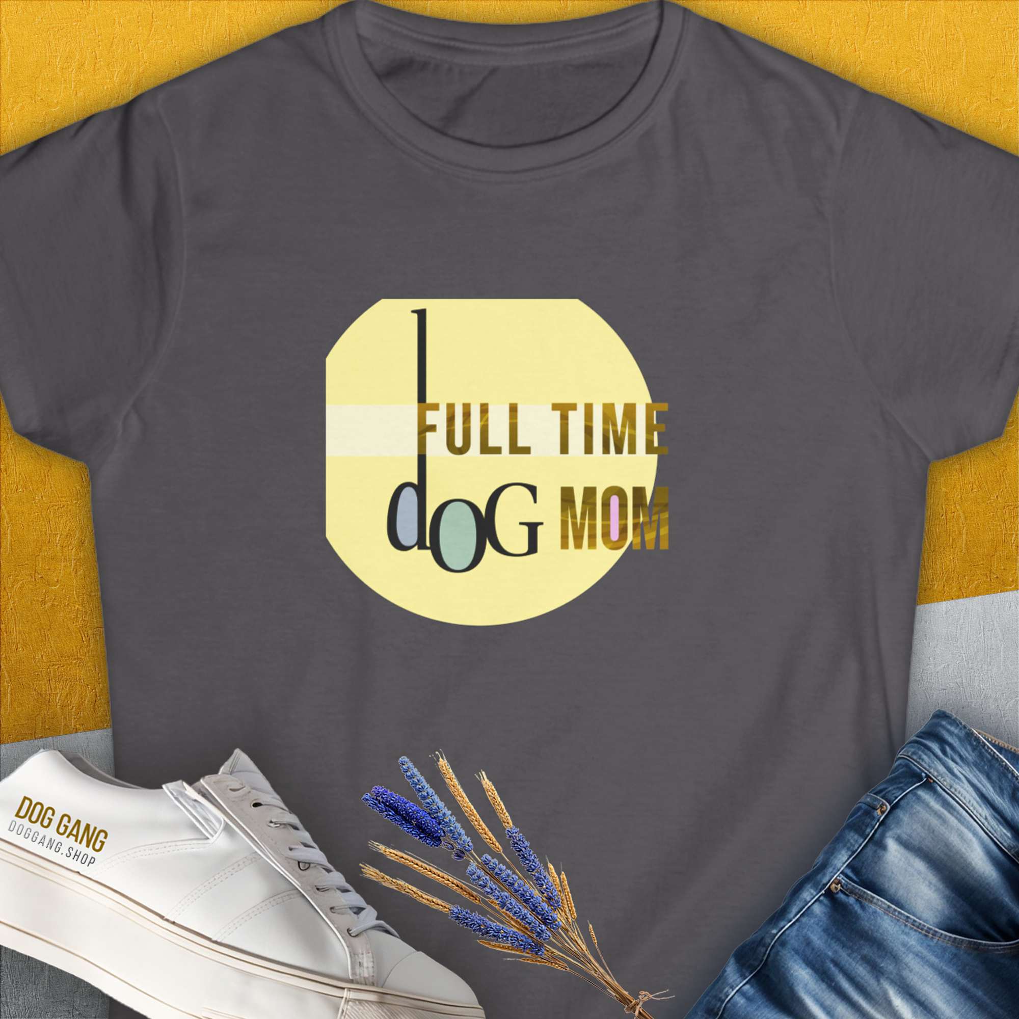 Charcoal womens tee from Dog Mom Series. Features Full Time Dog Mom in a playful font, perfect for any dog lover. Designed by Dog Gang.