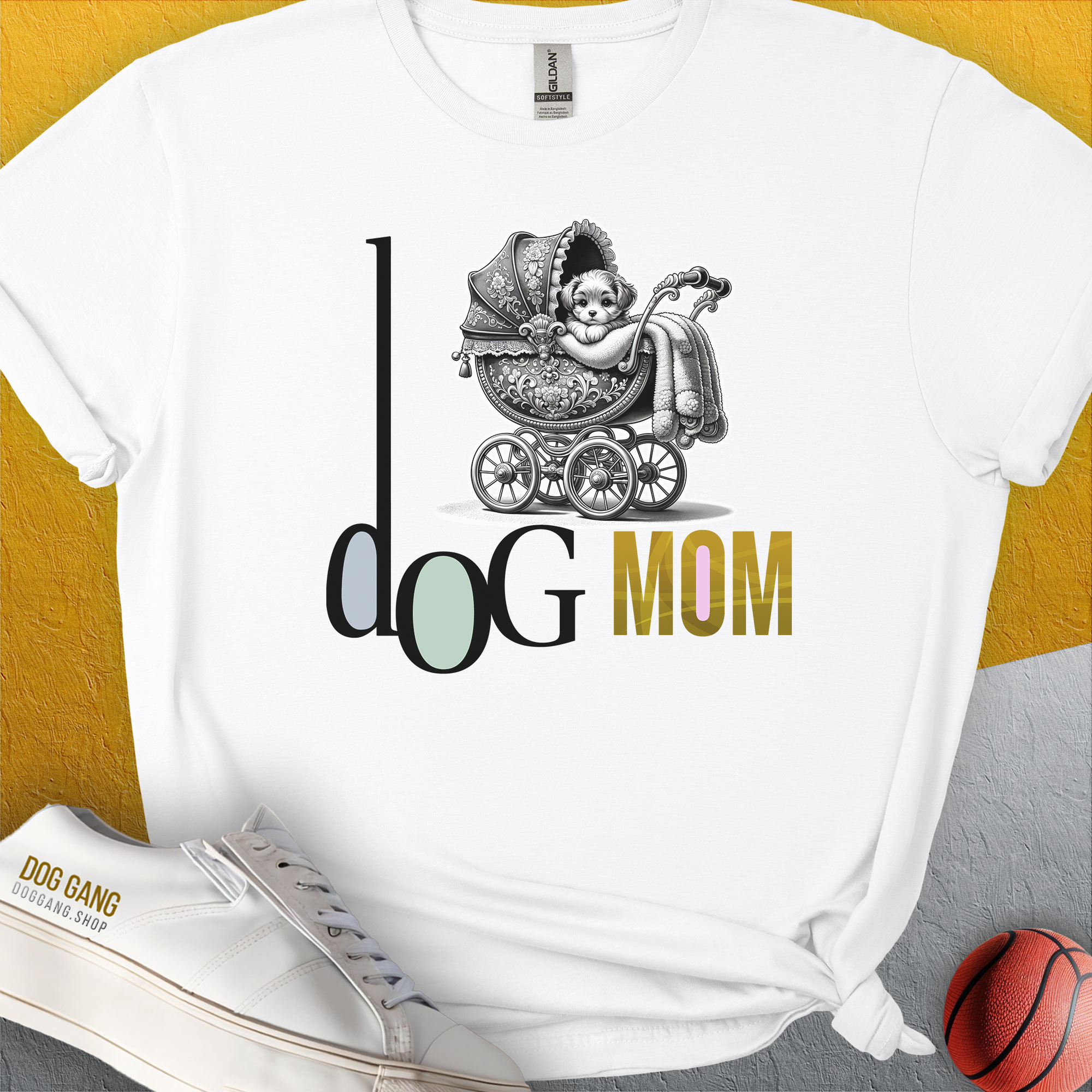 Dog lover gift: The Dog Mom Series, Volume 5 features Dog Mom text with a dog in a vintage stroller. Designed by Dog Gang.