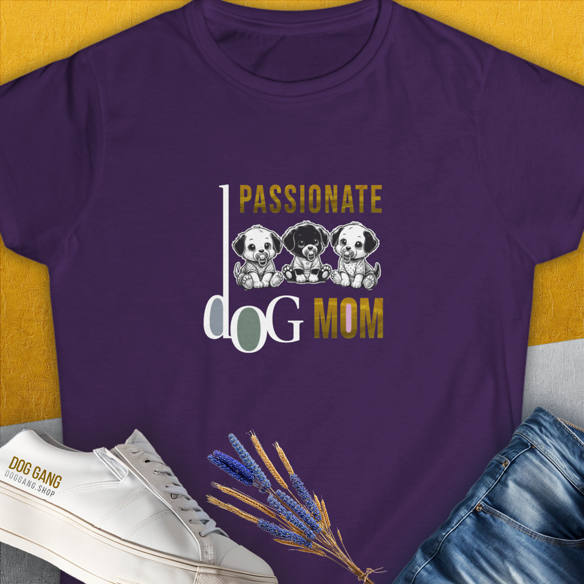 The Dog Mom Series, Volume 6 womens T-shirt in purple showcases playful dog illustrations, ideal for any dog lover. Designed by Dog Gang.