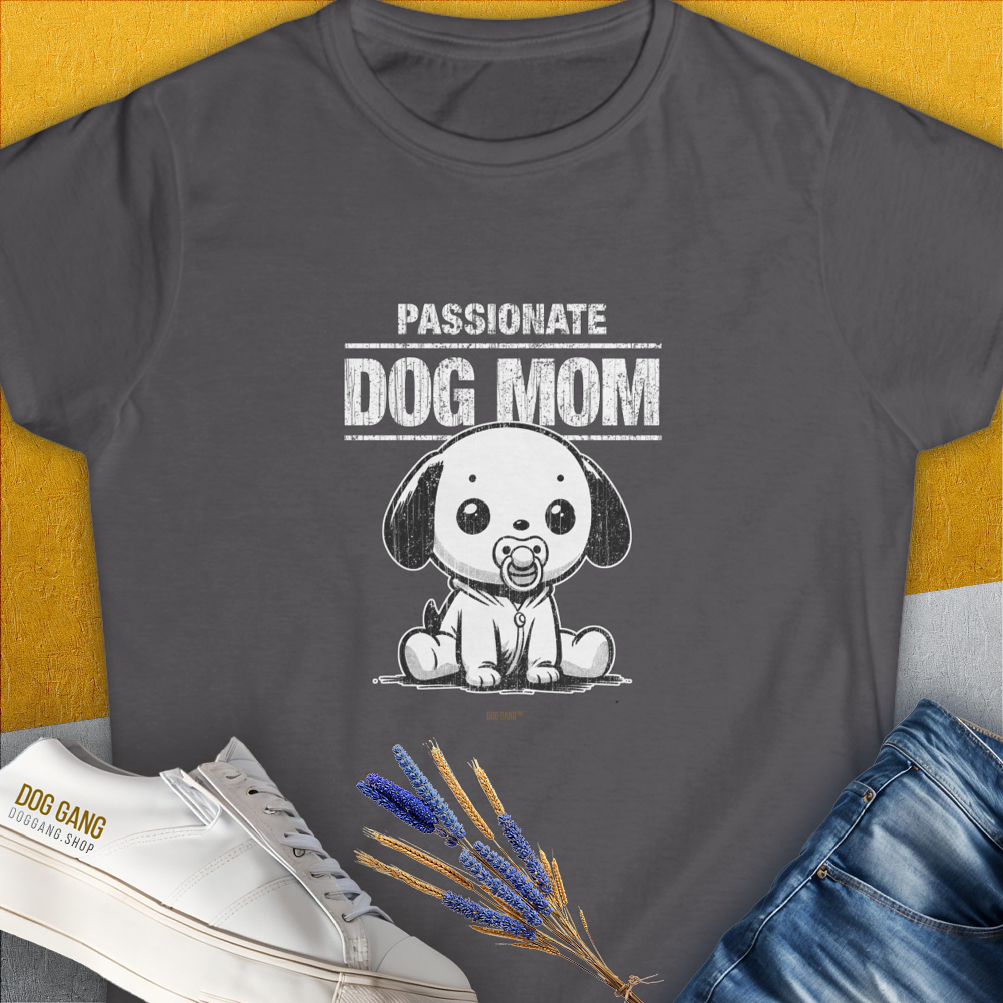 Charcoal Dog Mom Series, Volume 7, womens t-shirt features Passionate Dog Mom with a cute cartoon puppy design. Designed by Dog Gang.