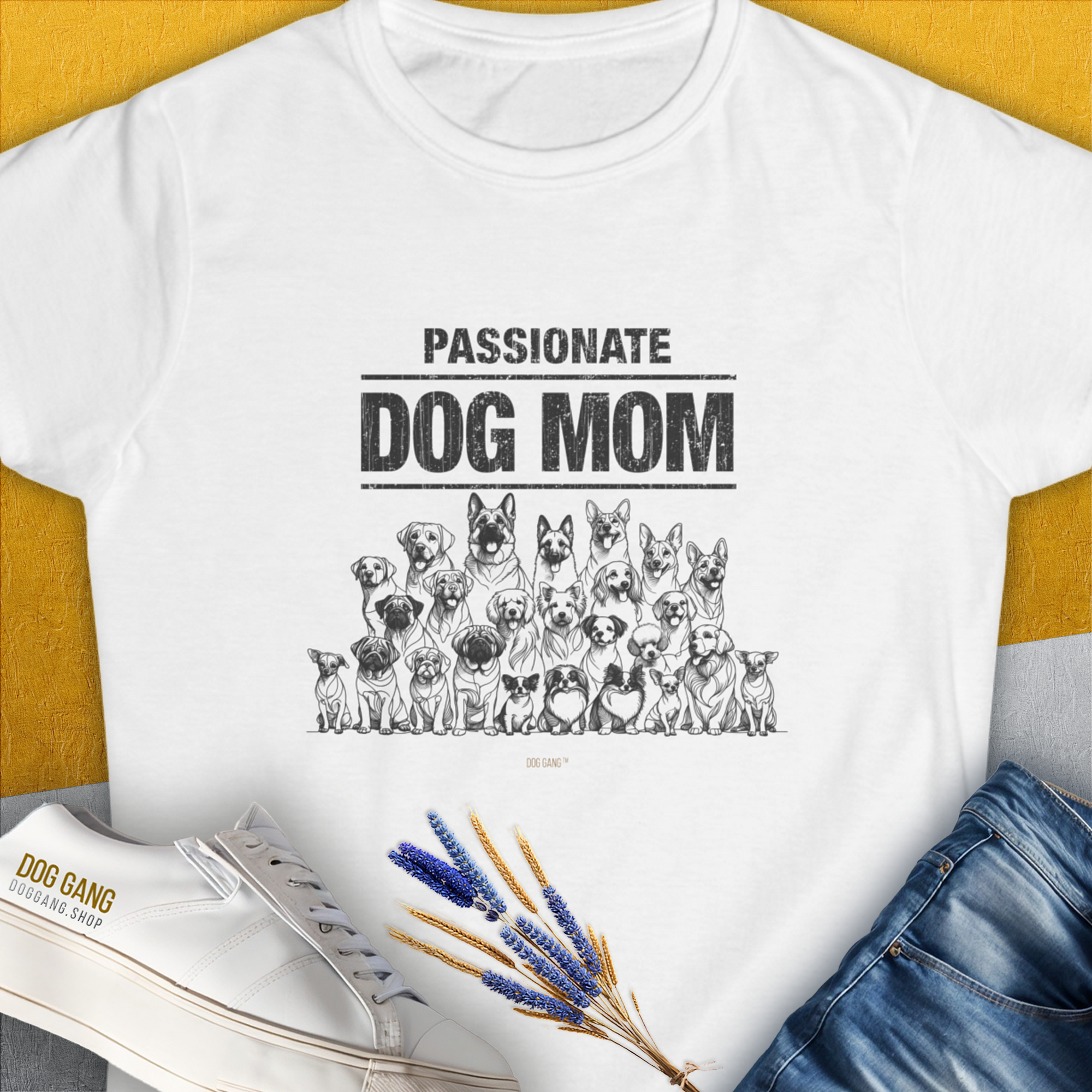 Cute dog design with Passionate Dog Mom text and playful dog illustrations. Perfect for the devoted dog mother. Designed by Dog Gang.