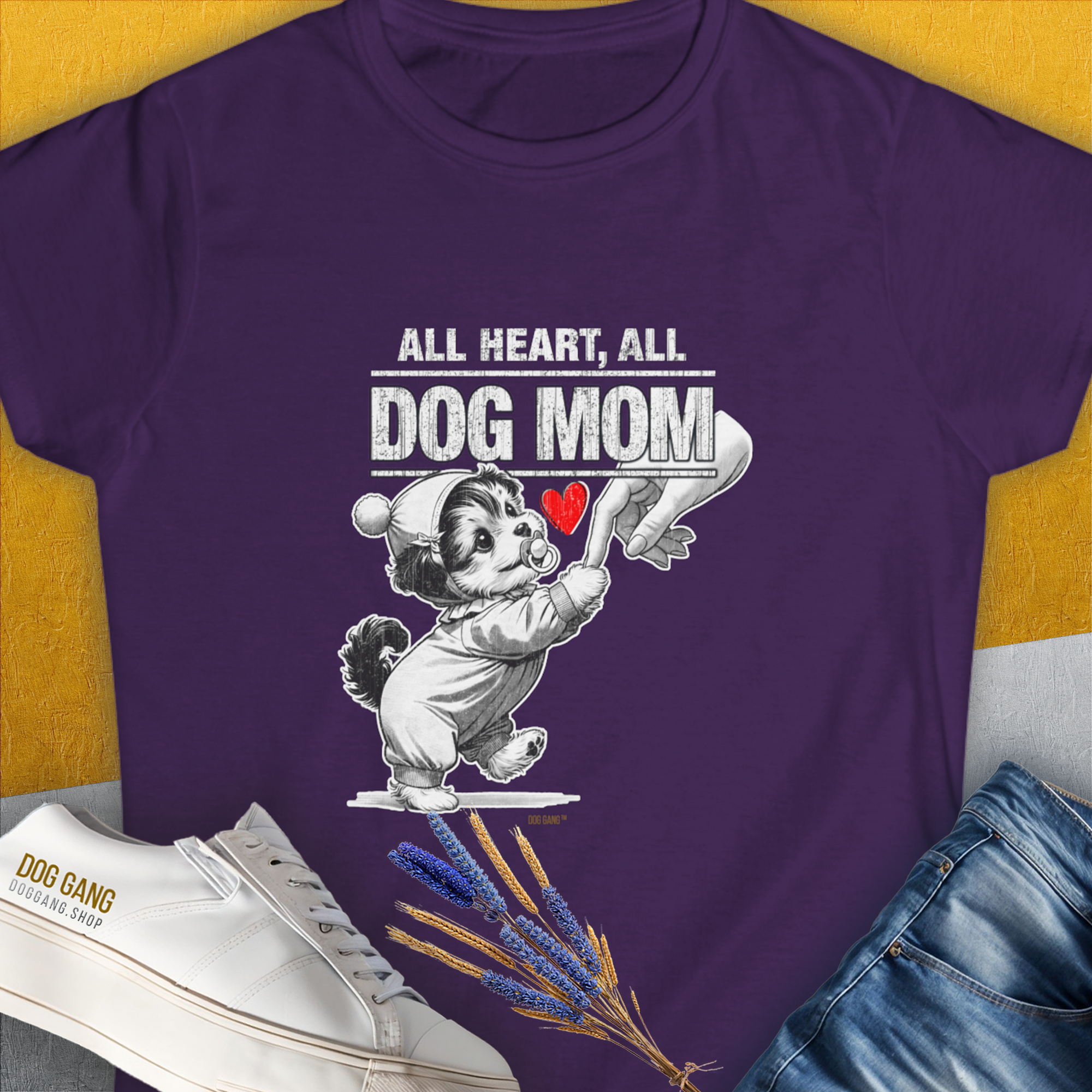 Purple Dog Mom Series, Volume 9 Womens T-Shirt features a cute dog graphic with the saying "All Heart, All Dog Mom". Perfect for any dog lover. Designed by Dog Gang.