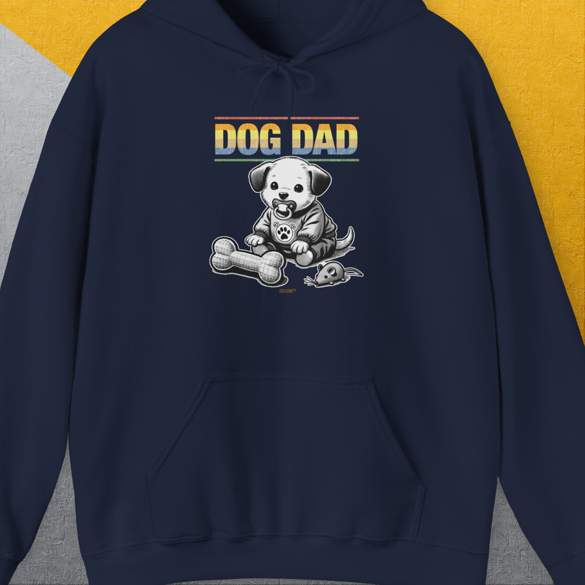 Cartoon puppy with a toy bone and ball accompanies the phrase Dog Dad Series, Volume 2. Perfect for any dog lover. Designed by Dog Gang.