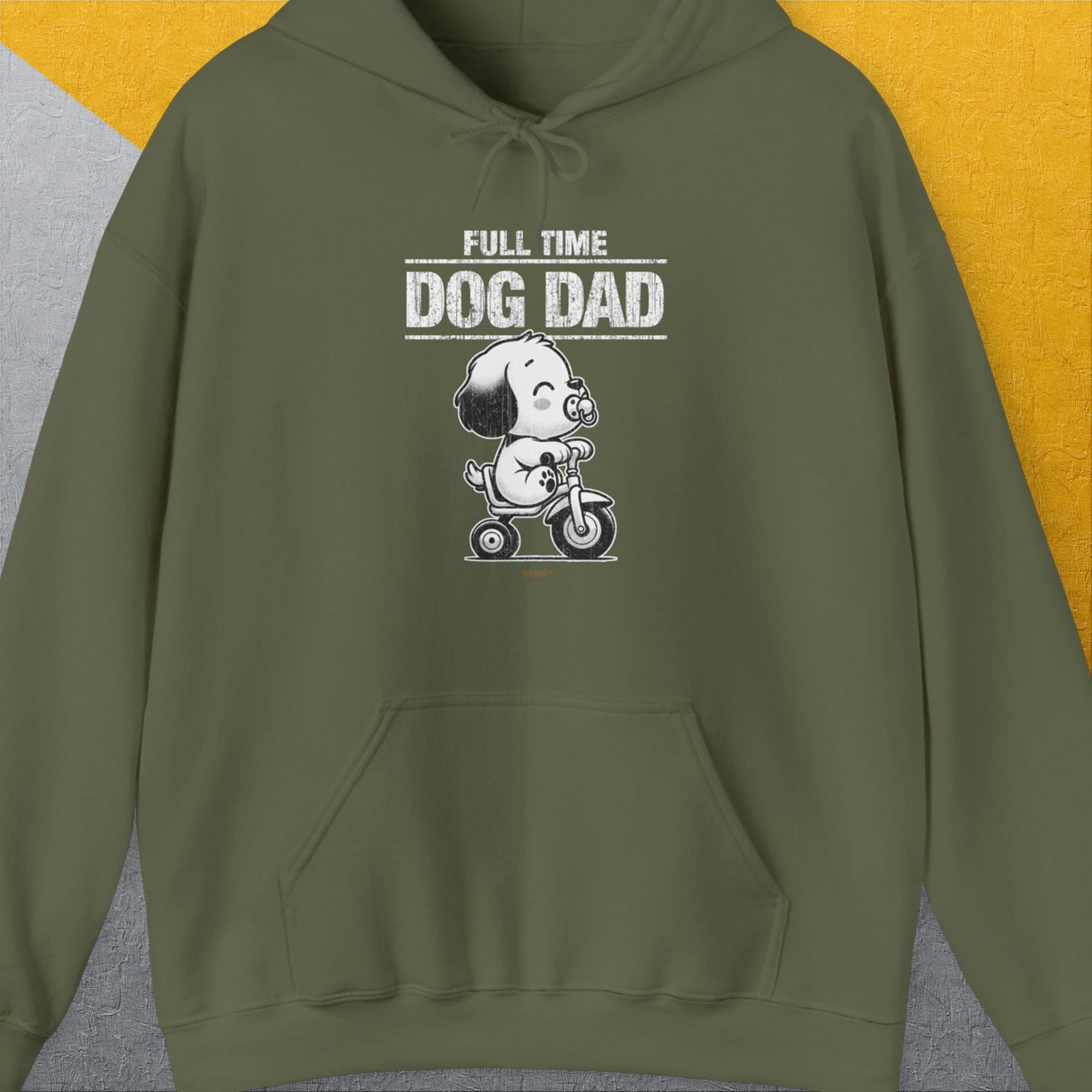 Unisex hoodie in Military Green showcases Full Time Dog Dad with a cute cartoon dog on a scooter in white. Perfect gift for any dog lover. Designed by Dog Gang.