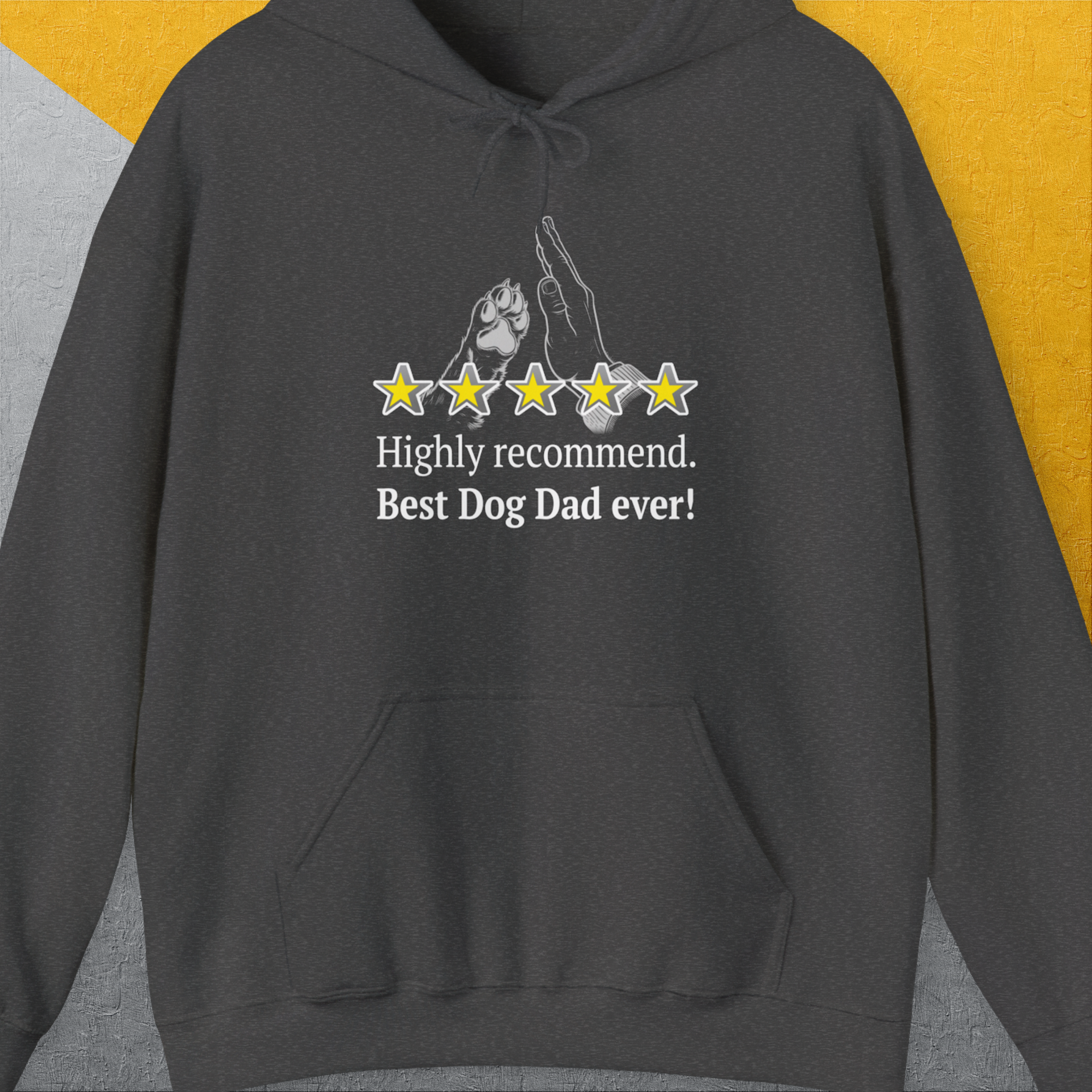 "Highly recommend. Best Dog Dad ever!" with a paw print and five stars—a perfect dog lover gift. Designed by Dog Gang.