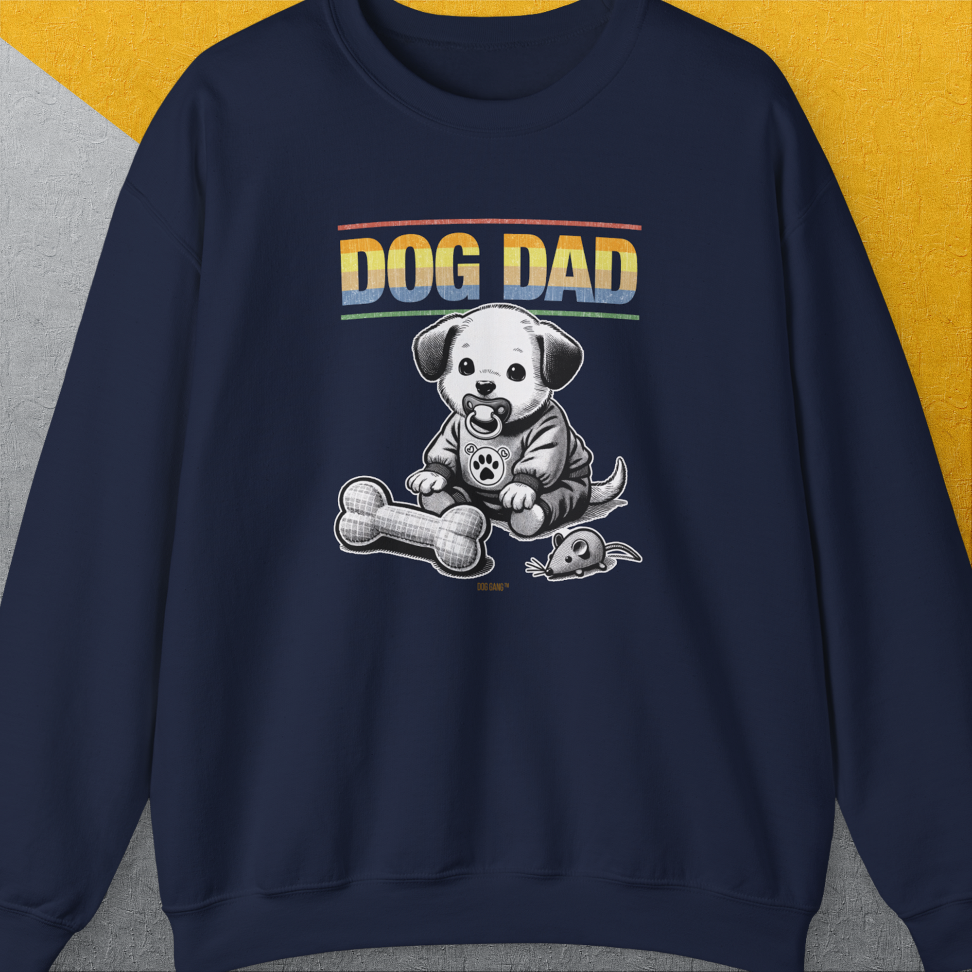 Dog Dad text with a cartoon puppy, fabric bone, and toy. Perfect dog lover gift. Designed by Dog Gang.