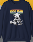 Dog Dad text with a cartoon puppy, fabric bone, and toy. Perfect dog lover gift. Designed by Dog Gang.
