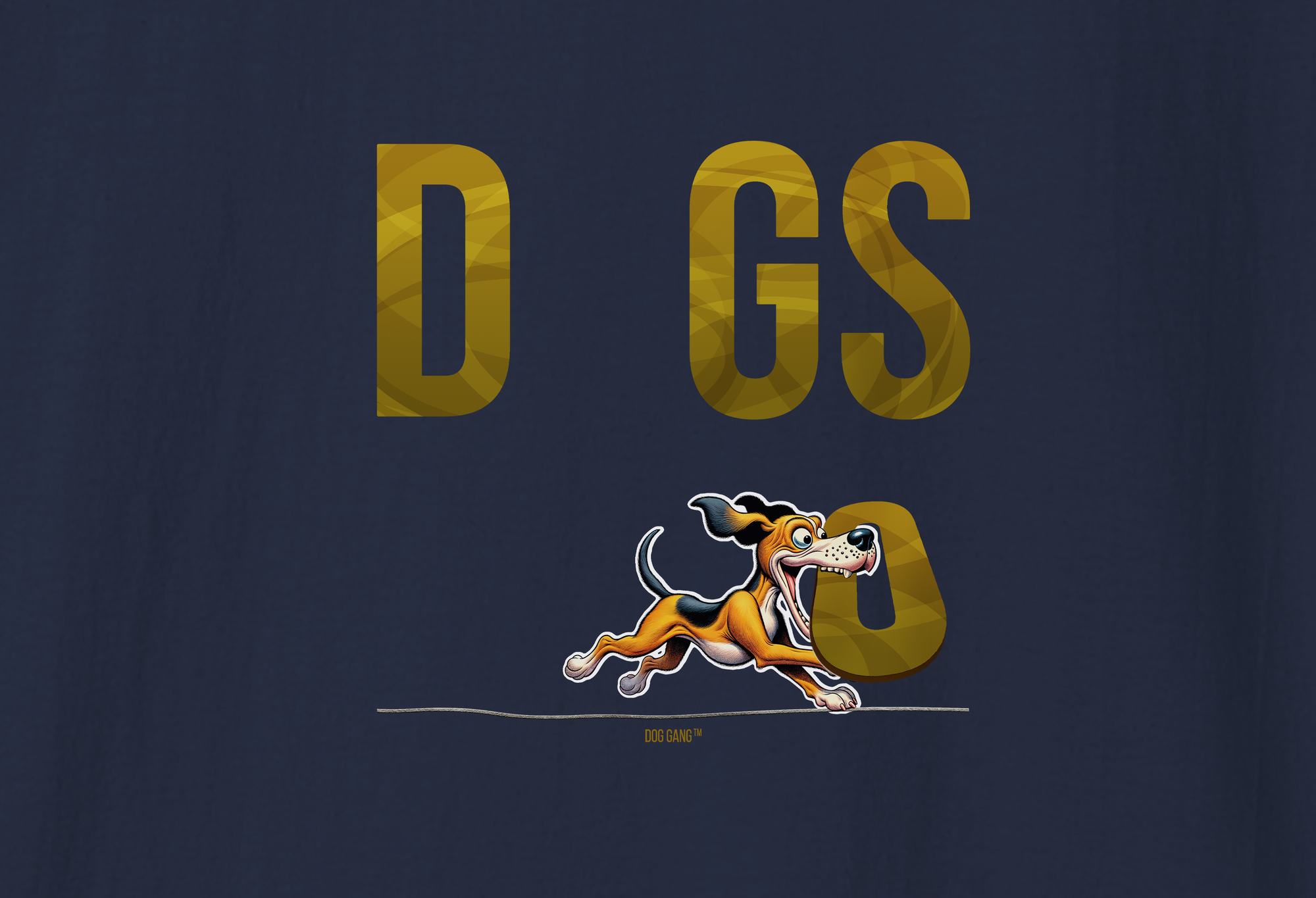 The image features the word DOGS with the letter O depicted as a cartoon dog running. The dog is stylized and colorful, creating a playful look against a dark background. a T-Shirt Design from Dog Gang. Also on sweatshirts and hoodies.