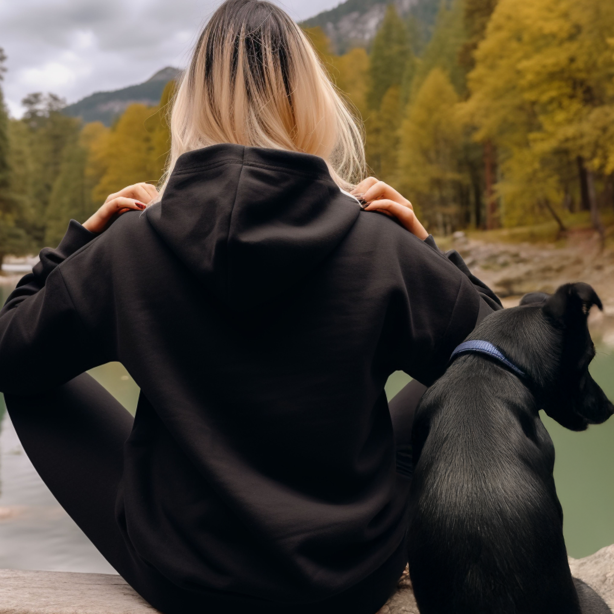 A person with long, blond hair sits on a rock wearing a black hoodie, next to a black dog with a blue collar. They overlook a calm body of water, surrounded by trees and mountains under a cloudy sky.