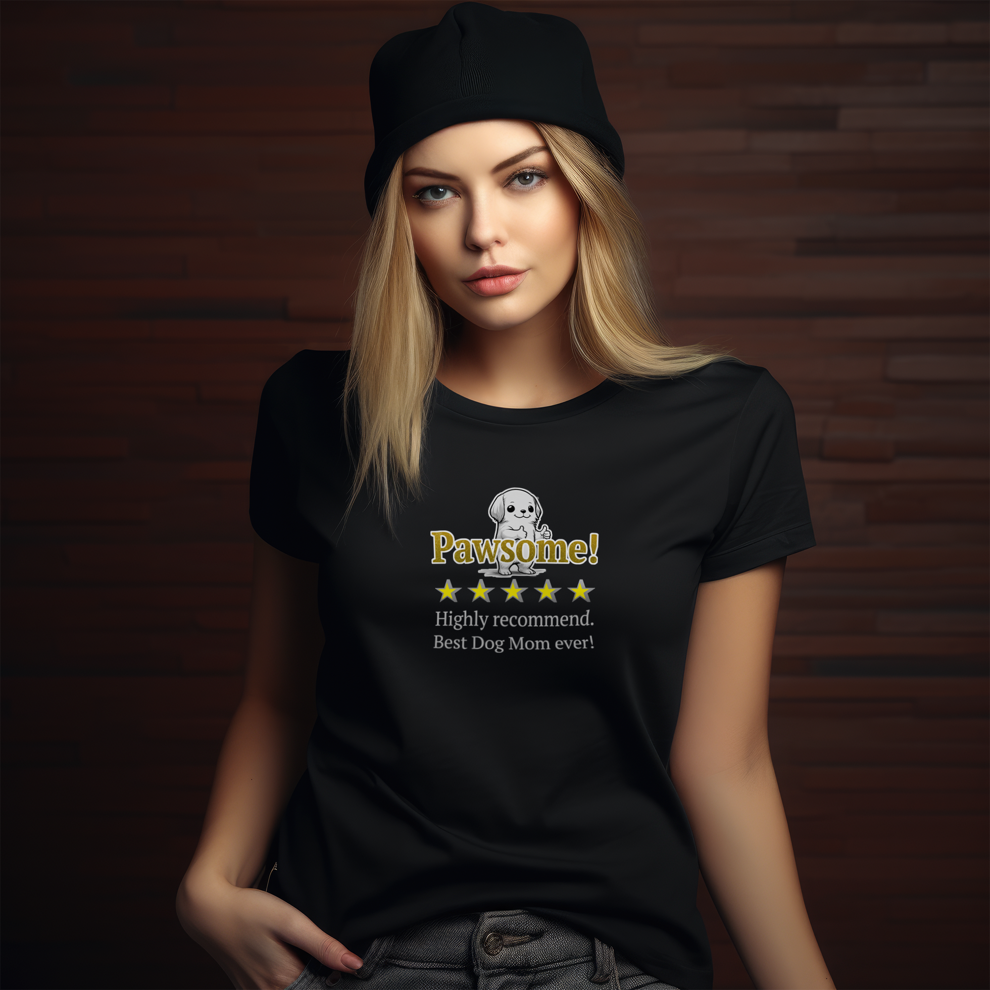 Woman wearing a black beanie and t-shirt that reads Pawsome! Highly recommend. Best Dog Mom ever! in gold and white text with a cartoon dog image. The background features a dark, textured wall.