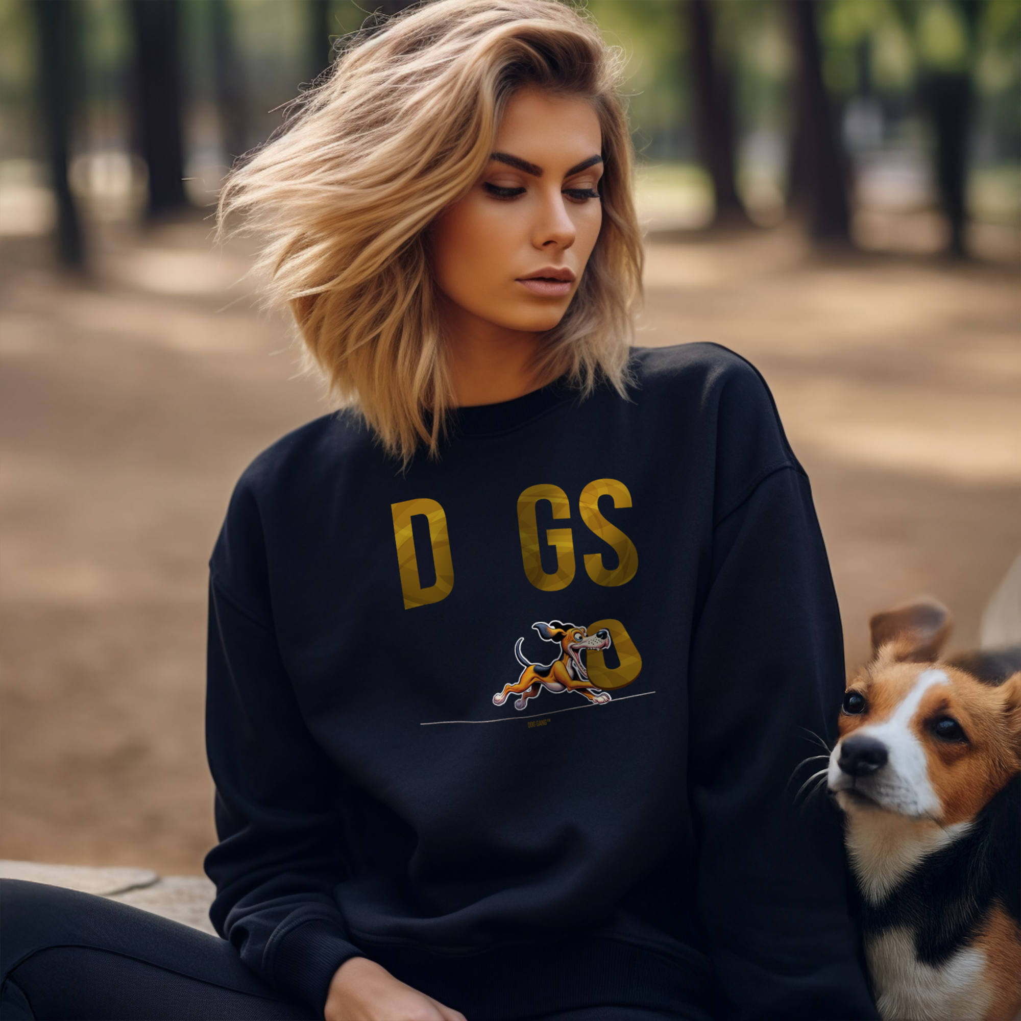 A person with shoulder-length hair sits outdoors wearing a black sweater with DOGS printed on it. A corgi is seated beside them on a bench. The background includes trees and a soft, blurred natural setting.