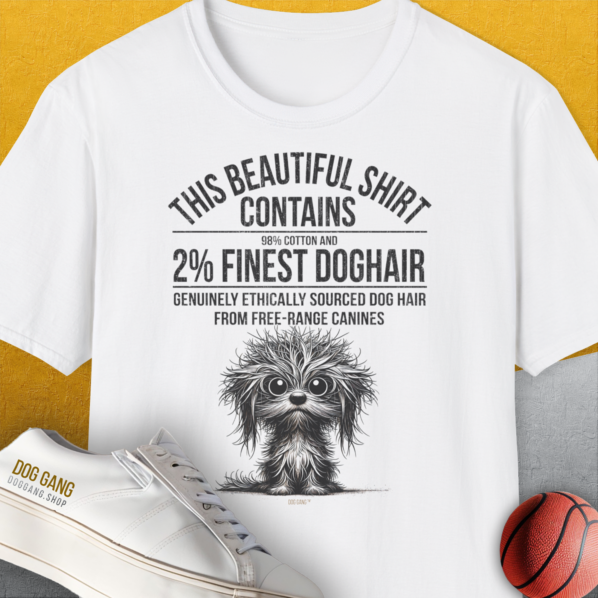 This Beautiful Shirt Contains Finest Dog Hair, Volume 3, Unisex T-Shirt-White-lustiges Shirt für Hundeliebhaber, Design by Dog Gang