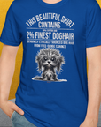 Mit „This Beautiful Shirt Contains Finest Dog Hair, Volume 3“, einem blauen Unisex-T-Shirt aus 100 % Baumwolle mit humorvollem Design, zeigen Sie Ihren verspielten Stil perfekt.