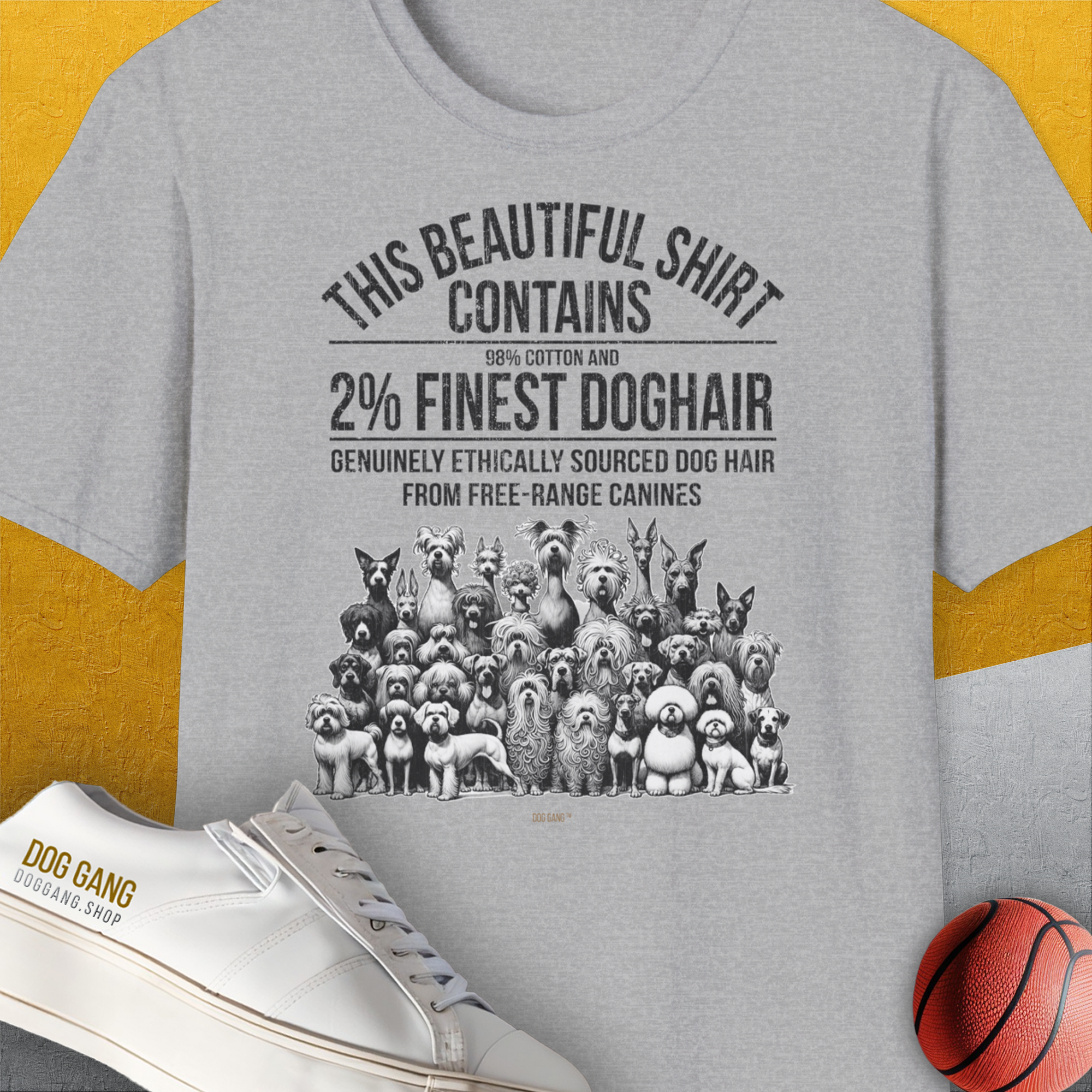 This Beautiful Shirt Contains Finest Dog Hair, Volume 5, Unisex T-Shirt-Sport Grey-lustiger Spruch auf bequemen Shirt für Hundeliebhaber, Design by Dog Gang