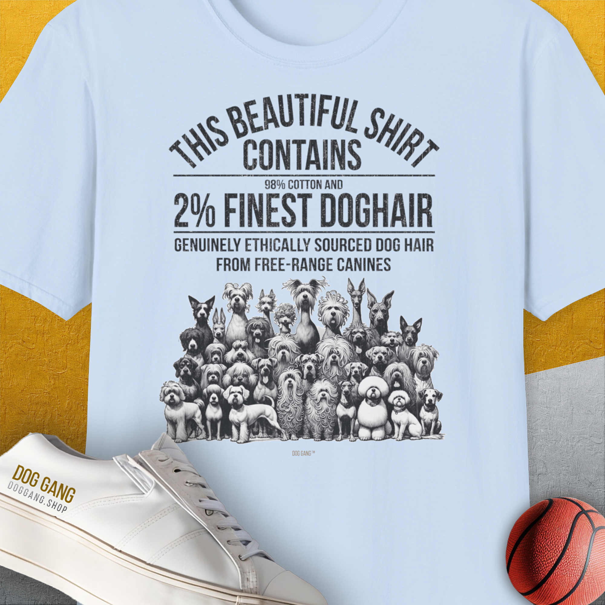 This Beautiful Shirt Contains Finest Dog Hair, Volume 5, Unisex T-Shirt-Light Blue-bequemes Shirt mit lustigem Spruch für Hundebesitzer, Design by Dog Gang