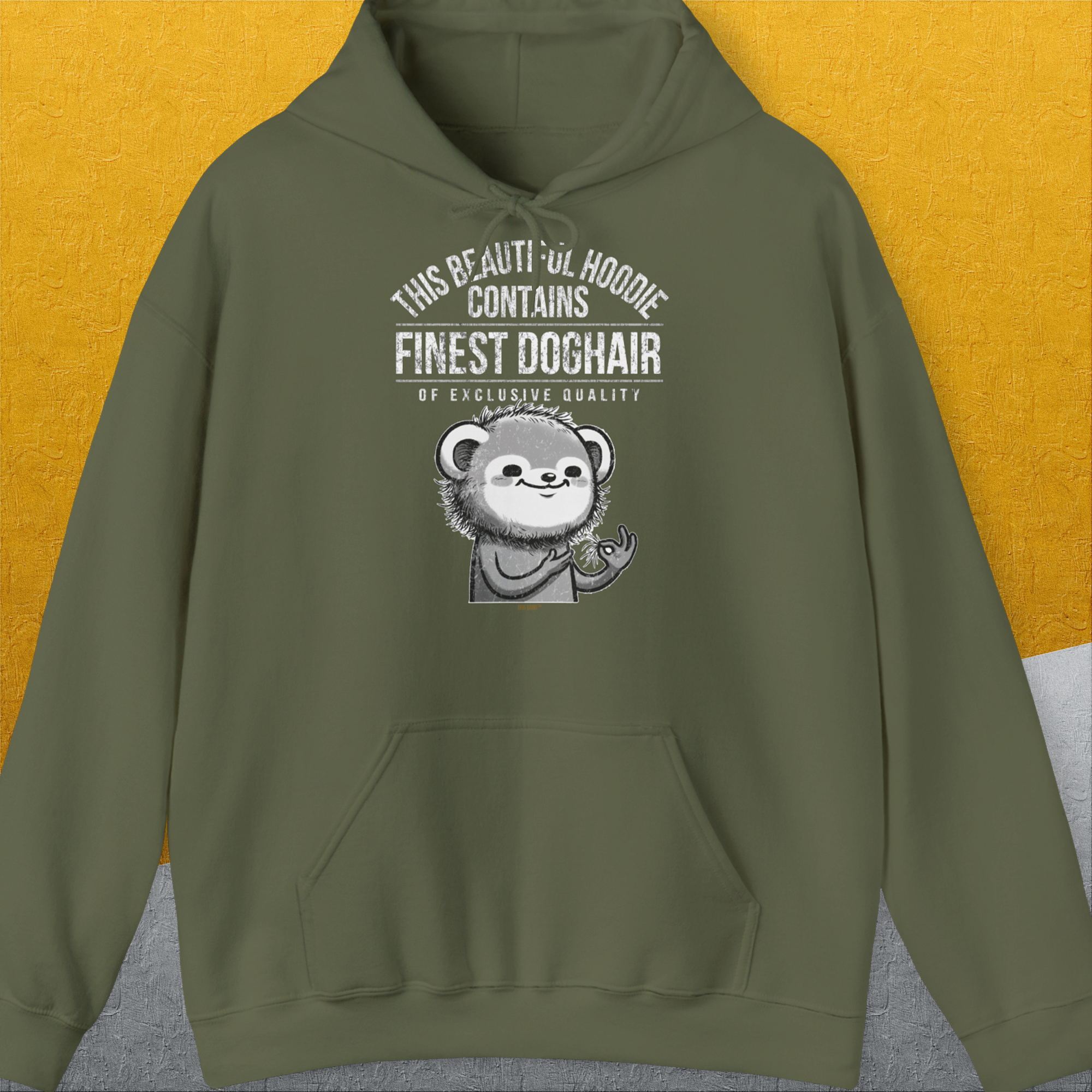 This Beautiful Hoodie Contains Finest Dog Hair Of Exclusive Quality, Volume 2, Unisex Hoodie-Military Green-origineller und witziger Kapuzenpulli mit Hund, Design by Dog Gang