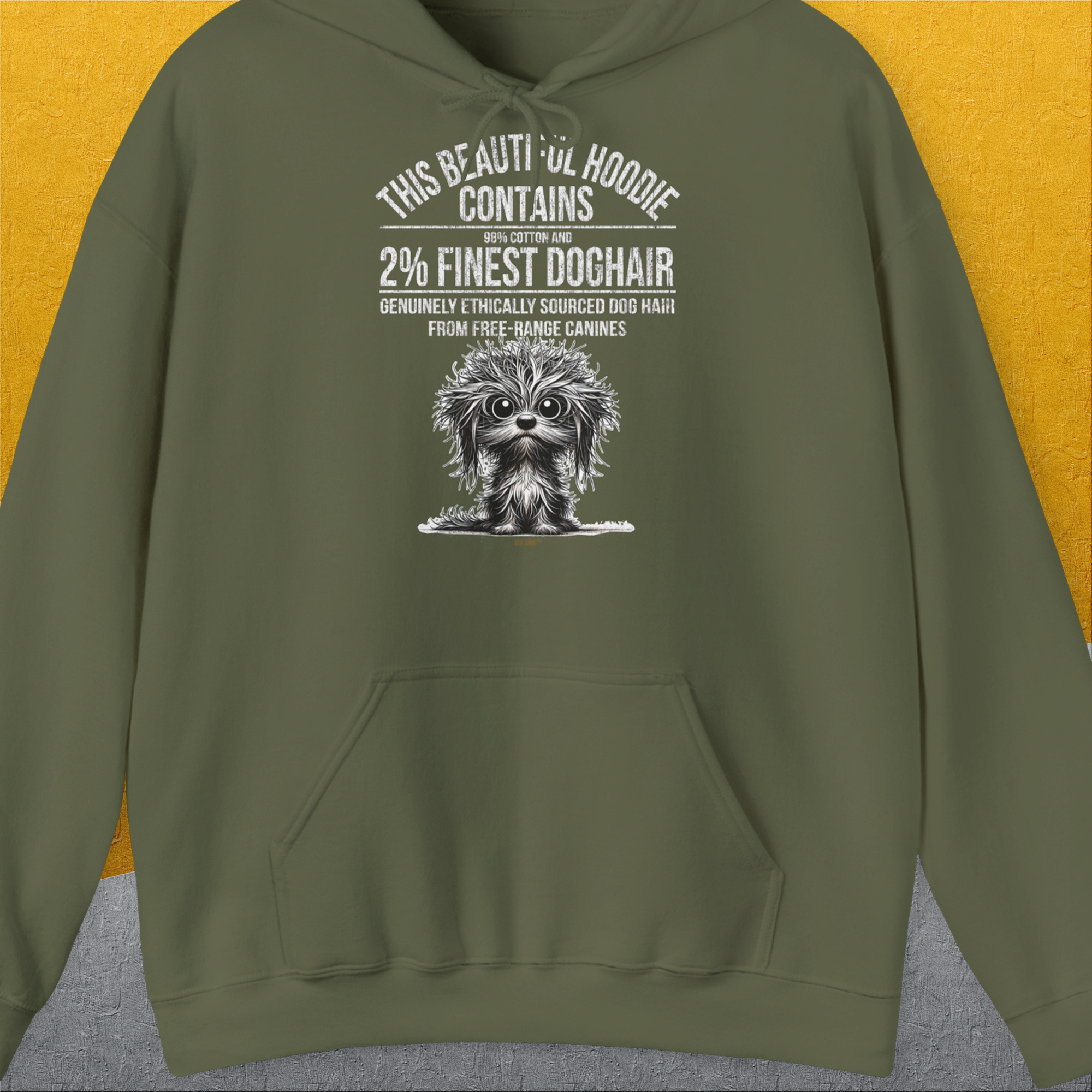 This Beautiful Hoodie Contains Finest Dog Hair, Volume 3, Unisex Hoodie-Military Green-origineller und witziger Kapuzenpulli mit Hund, Design by Dog Gang