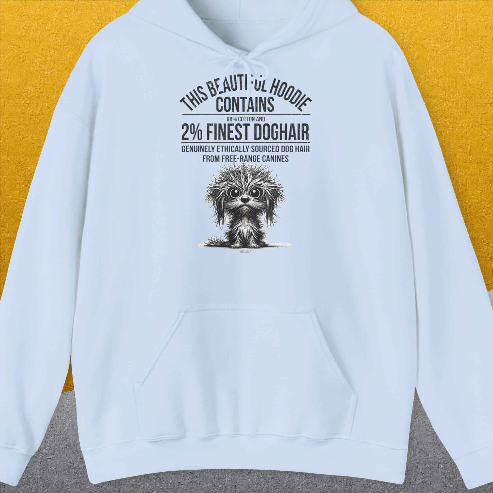 This Beautiful Hoodie Contains Finest Dog Hair, Volume 3, Unisex Hoodie-Light Blue-bequemes Shirt mit lustigem Spruch für Hundebesitzer, Design by Dog Gang