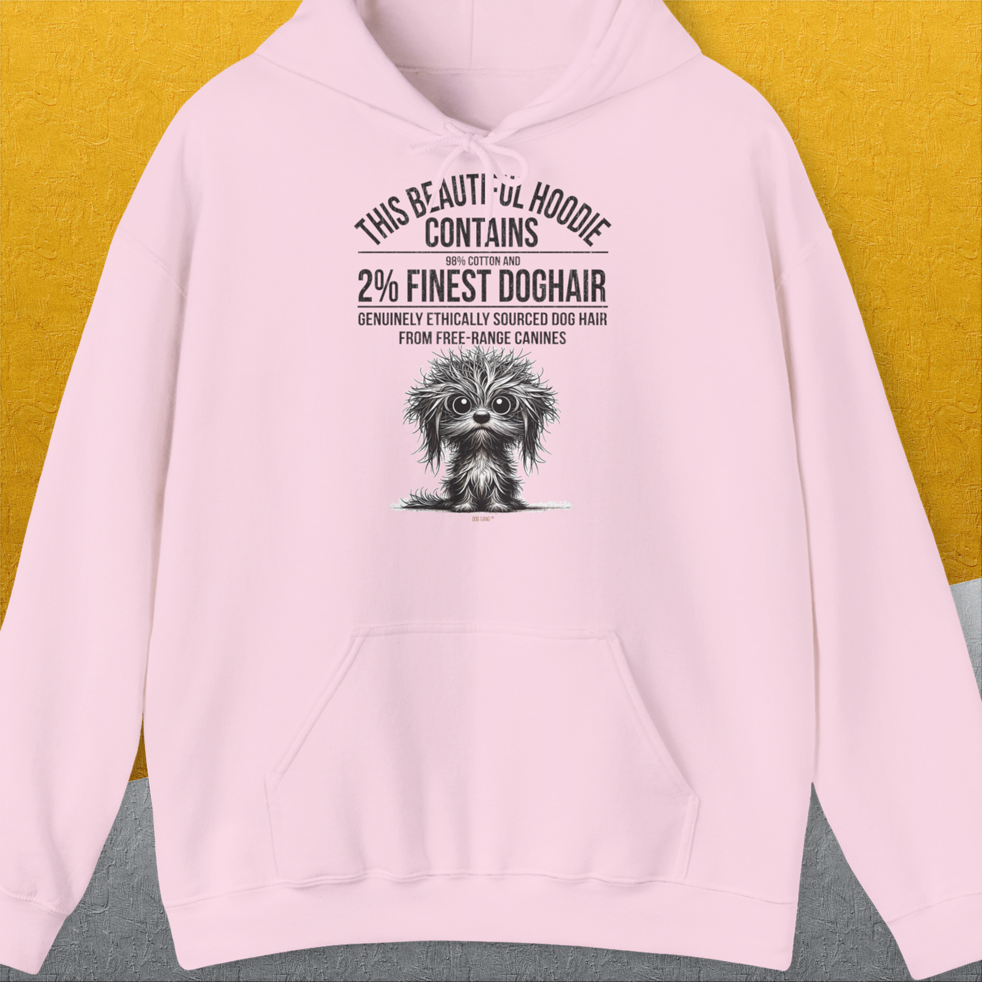 This Beautiful Hoodie Contains Finest Dog Hair, Volume 3, Unisex Hoodie-Light Pink-lustiger Spruch mit Hund auf weichem Kapuzenpulli für in- und outdoor. Design by Dog Gang