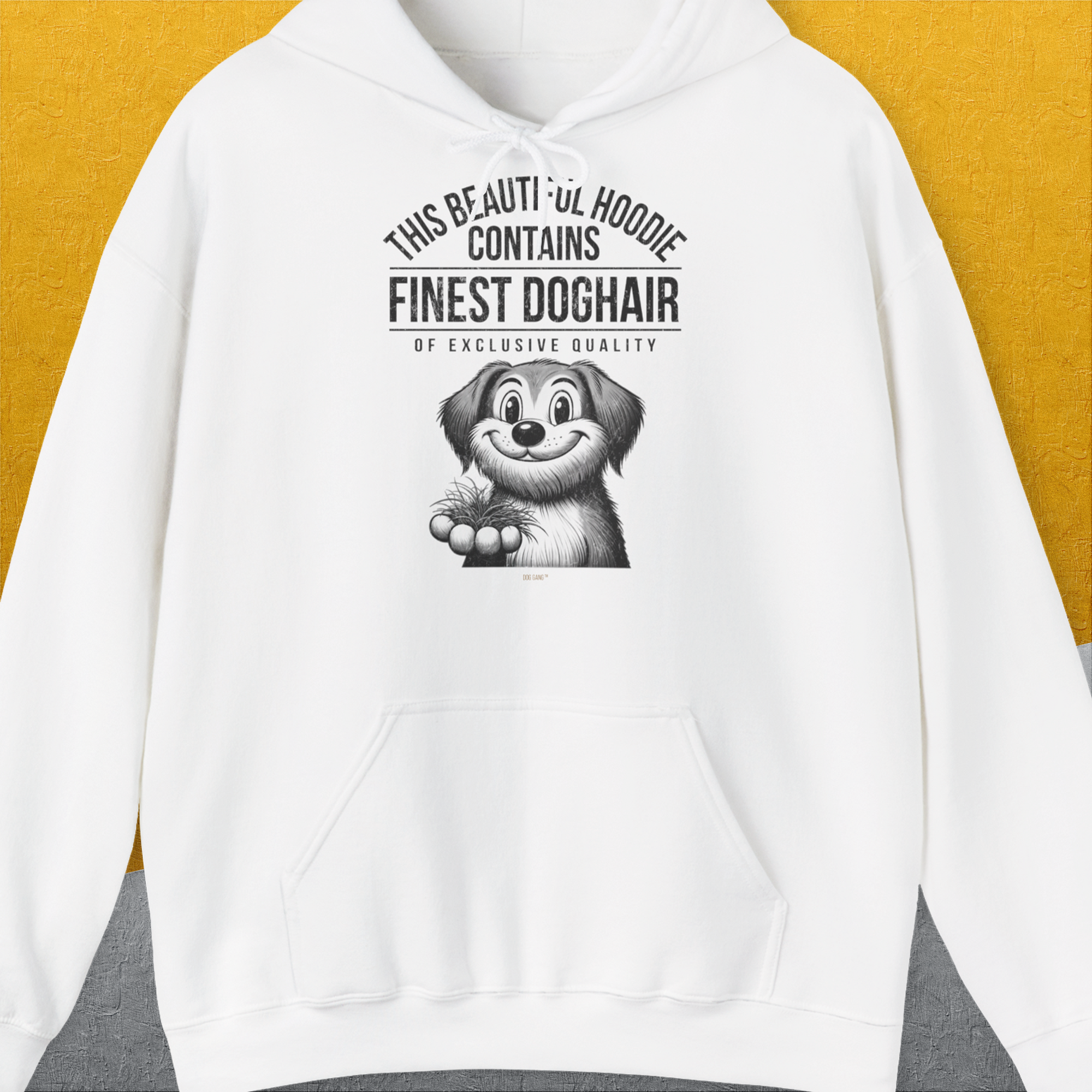 This Beautiful Hoodie Contains Finest Dog Hair Of Exclusive Quality, Volume 1, Unisex Hoodie-White-cooles Shirt mit lustigem Spruch für Hundefreunde, Design by Dog Gang