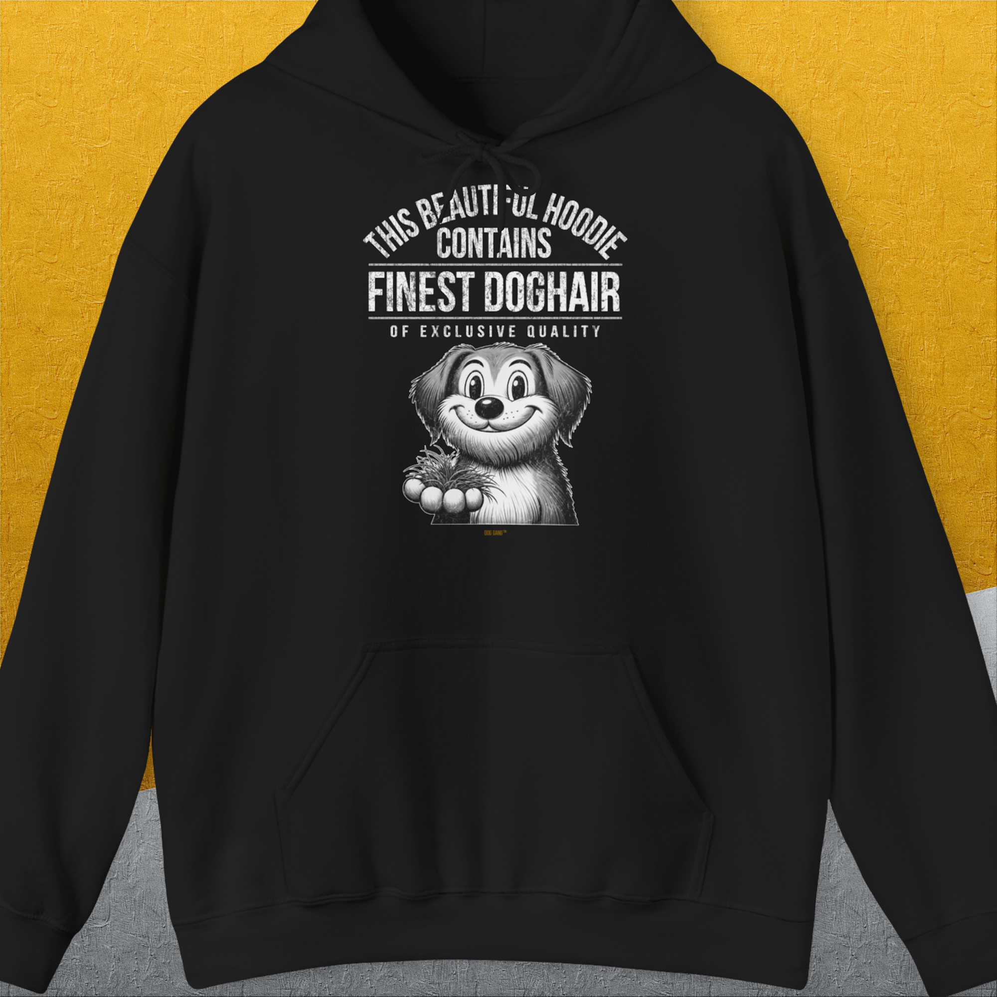 This Beautiful Hoodie Contains Finest Dog Hair Of Exclusive Quality, Volume 1, Unisex Hoodie-Black-origineller und witziger Kapuzenpulli mit Hund, Design by Dog Gang