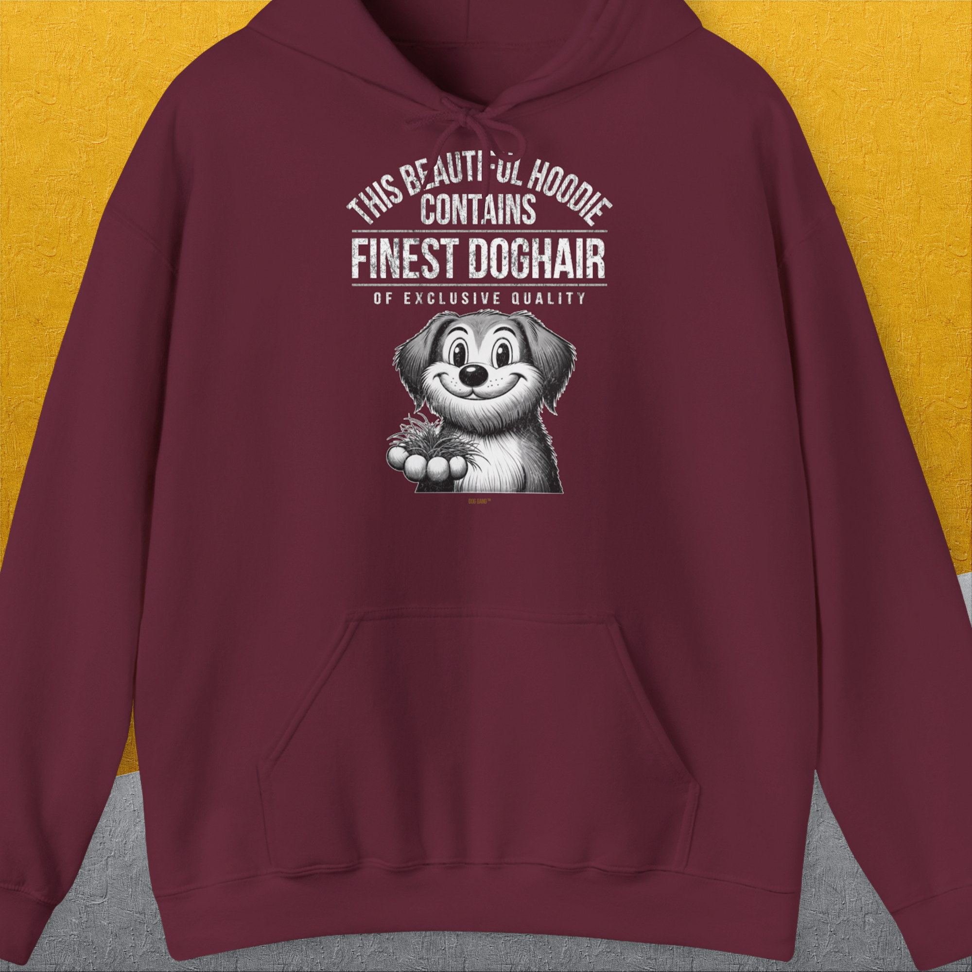 This Beautiful Hoodie Contains Finest Dog Hair Of Exclusive Quality, Volume 1, Unisex Hoodie-Maroon-humorvolles Hundeshirt, lustiger Spruch mit Hund, Design by Dog Gang
