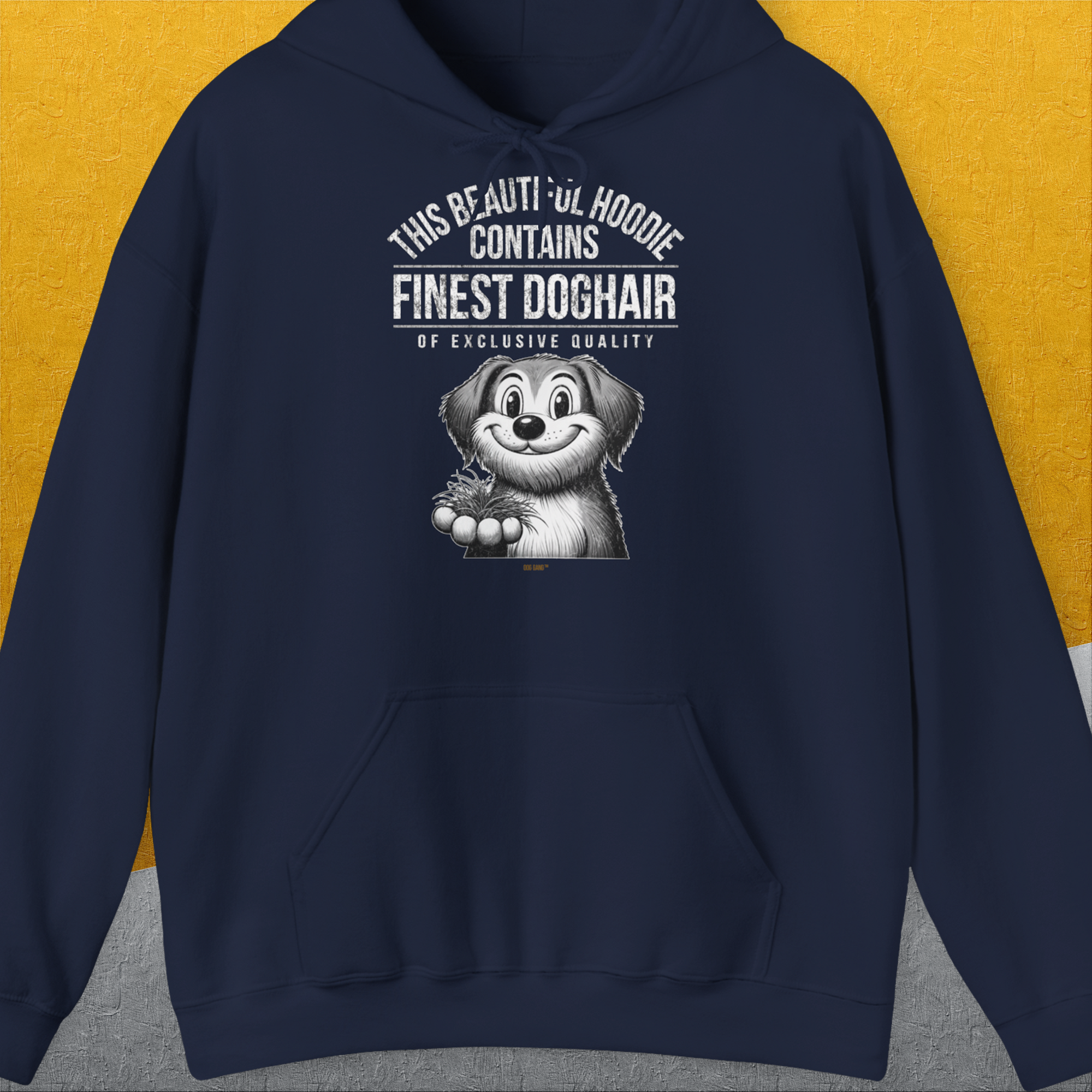 This Beautiful Hoodie Contains Finest Dog Hair Of Exclusive Quality, Volume 1, Unisex Hoodie-Navy-lustiger Spruch mit Hund auf weichem Kapuzenpulli für in- und outdoor. Design by Dog Gang