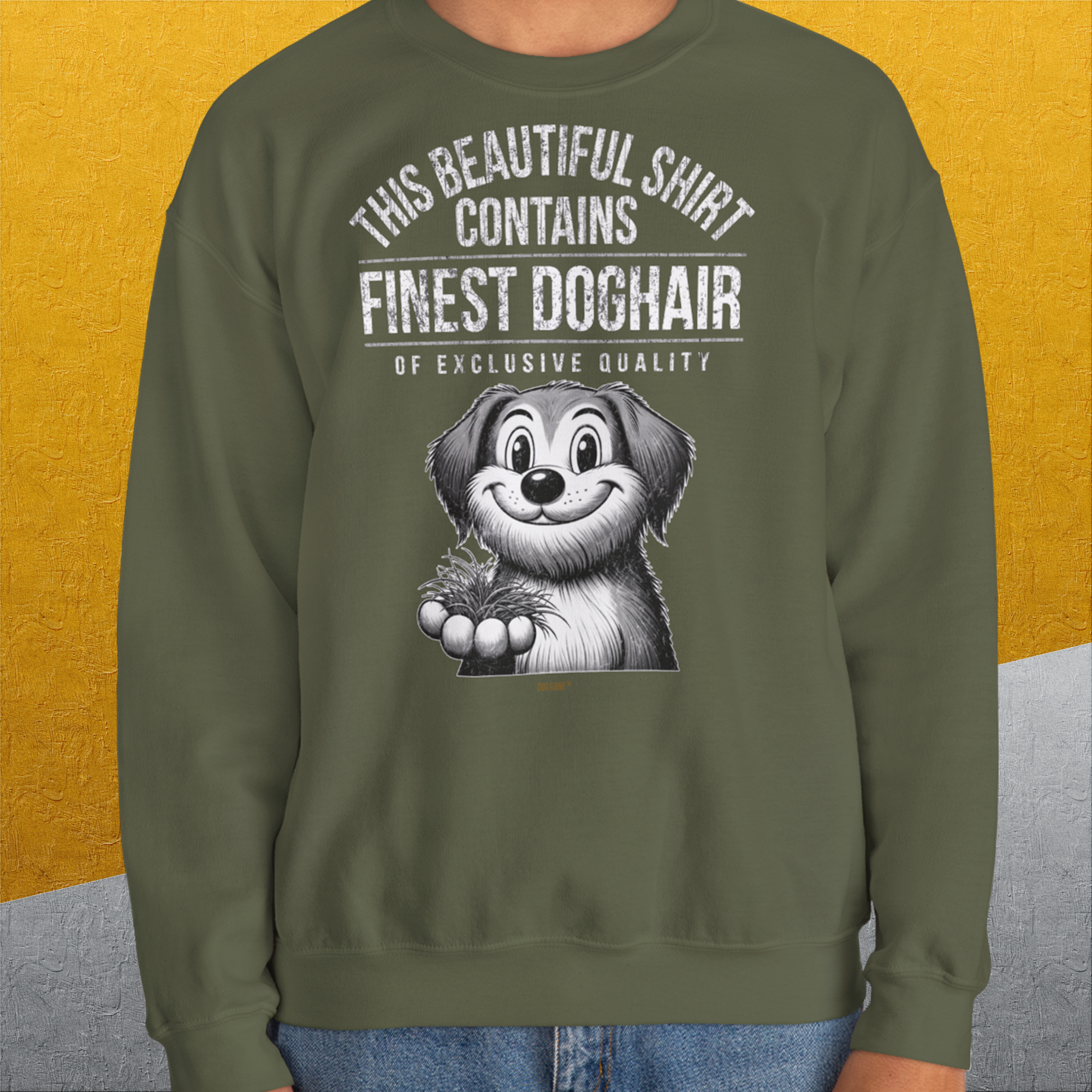 This Beautiful Shirt Contains Finest Dog Hair Of Exclusive Quality, Volume 1, Unisex Sweatshirt, lustiger Spruch mit Hund. Für humorvolle Hundefreunde. Design by Dog Gang
