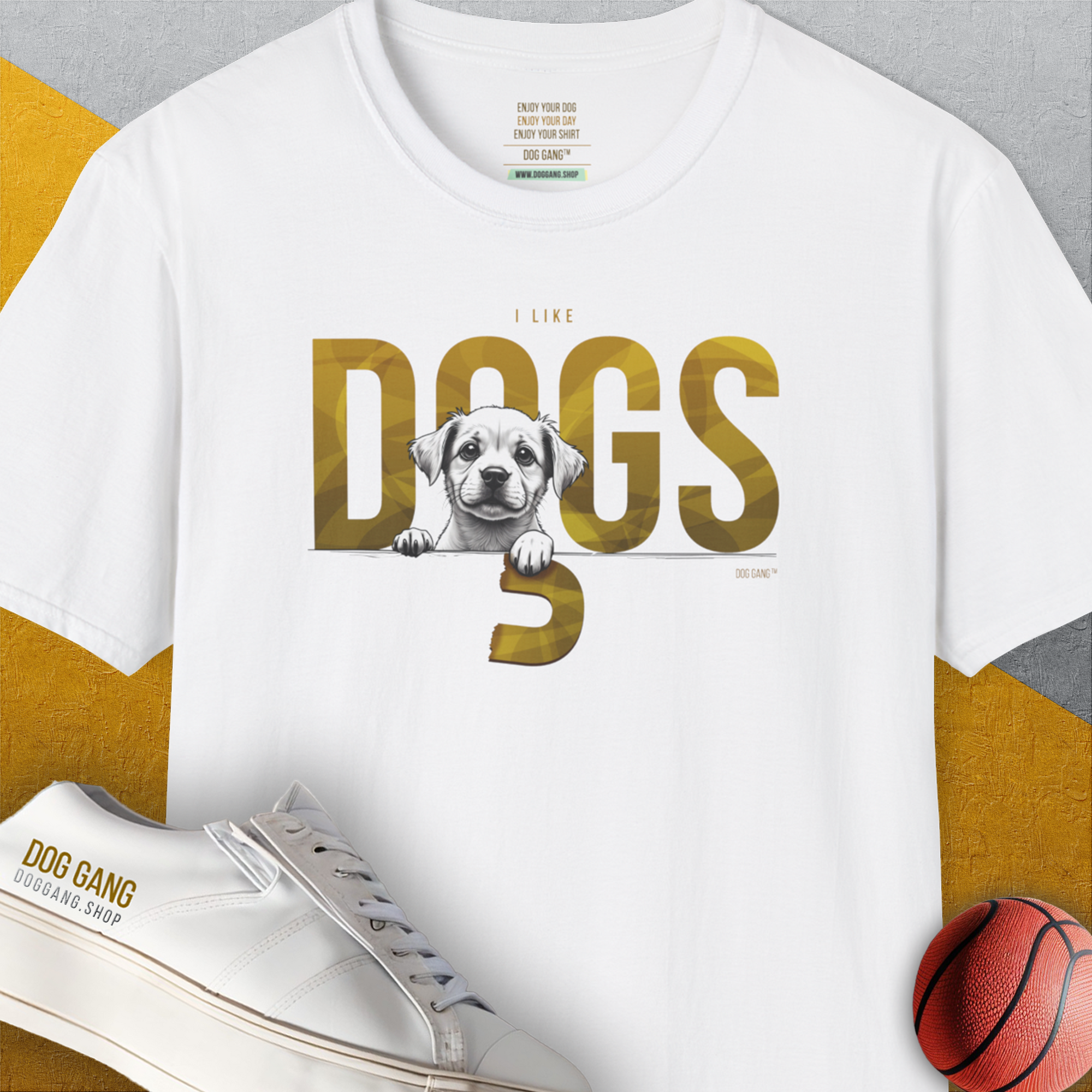 DOGS Series (D-GS), Volume 3, Unisex T-Shirt-White. A perfect gift for dog lovers and dog owners. Design by Dog Gang