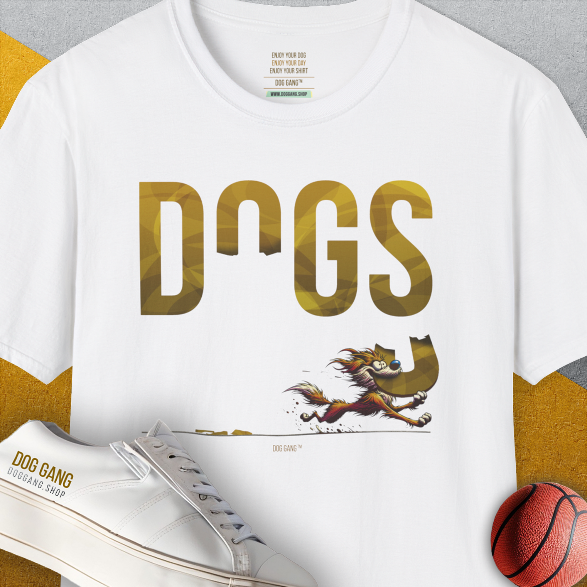 Volume 4 unisex t-shirt features a DOGS graphic with a cute cartoon dog, perfect for any dog lover. Designed by Dog Gang.