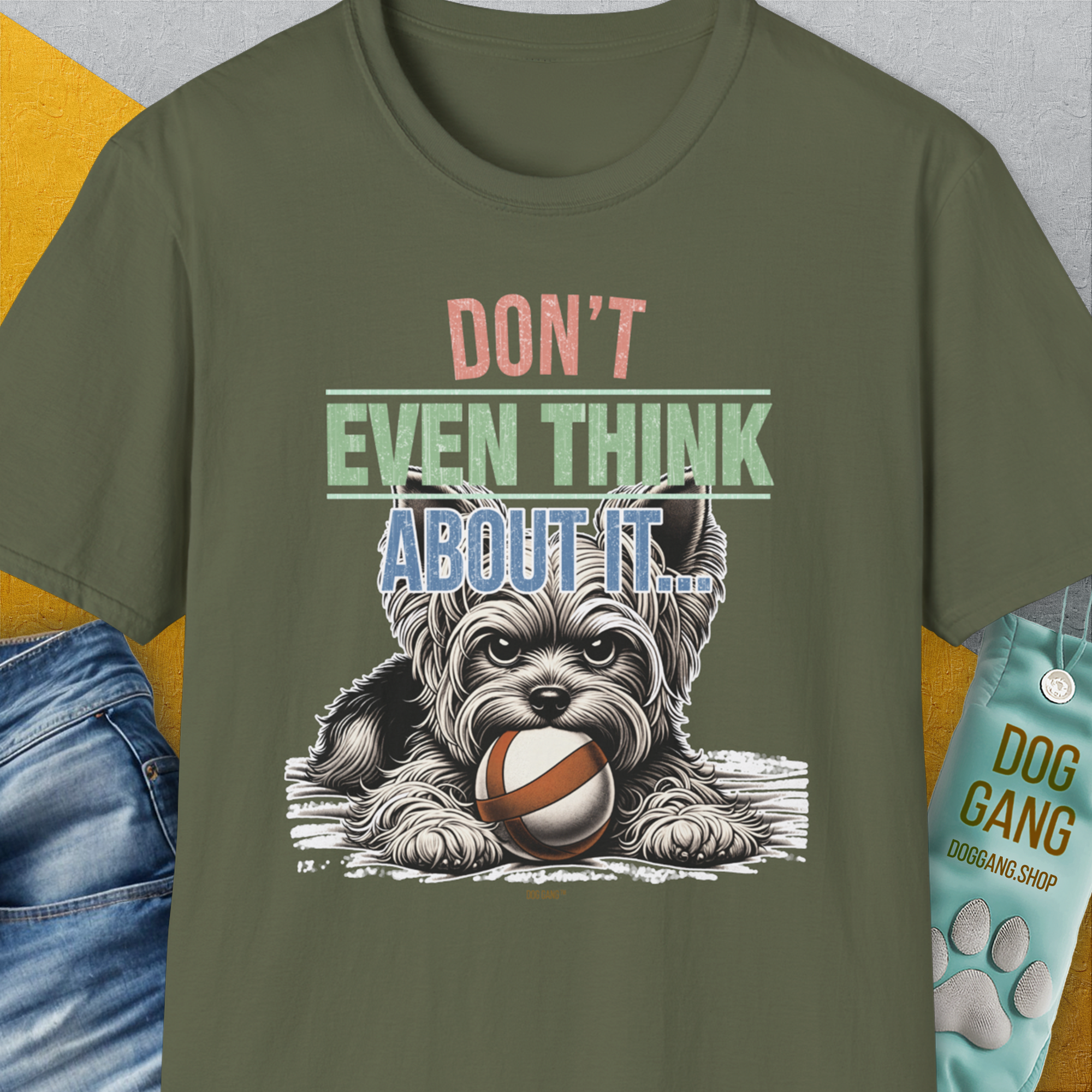 Don't Even Think About It..., Volume 3, Unisex T-Shirt-Military Green, Design by Dog Gang