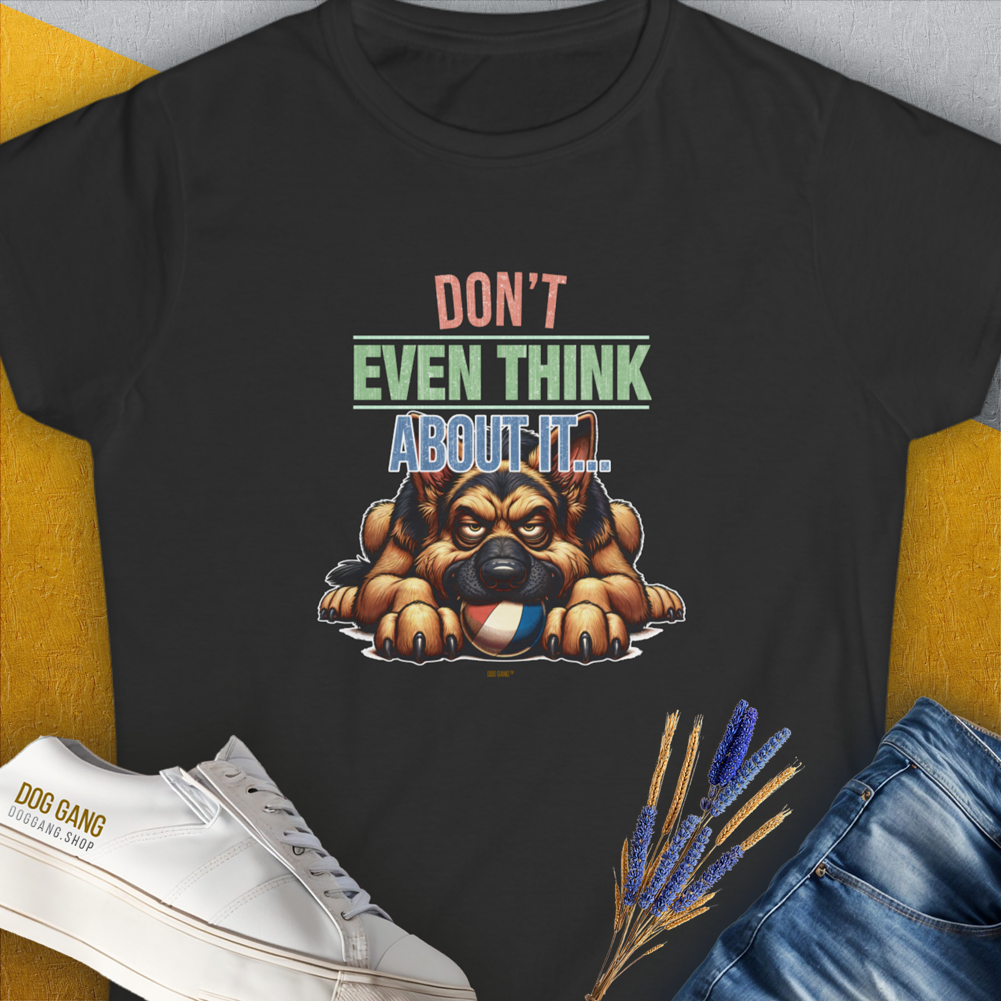 This funny dog shirt features a cartoon dog guarding a ball with the text "Dont Even Think About It..." vabove.  Volume 4 from the popular series of the same name. Designed by Dog Gang.