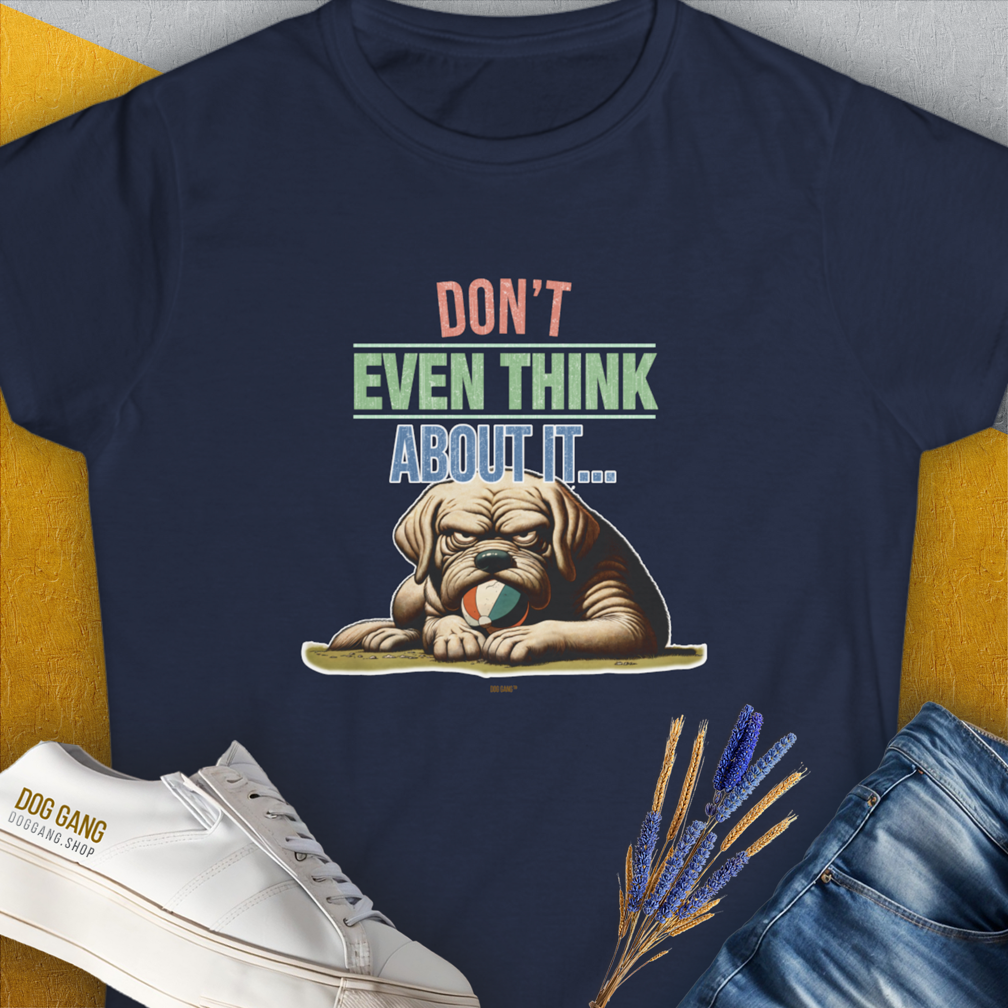 Womens Navy T-shirt, Dont Even Think About It..., Volume 6, features a grumpy Labrador dog graphic with a funny expression, crafted from ringspun cotton. Designed by Dog Gang.