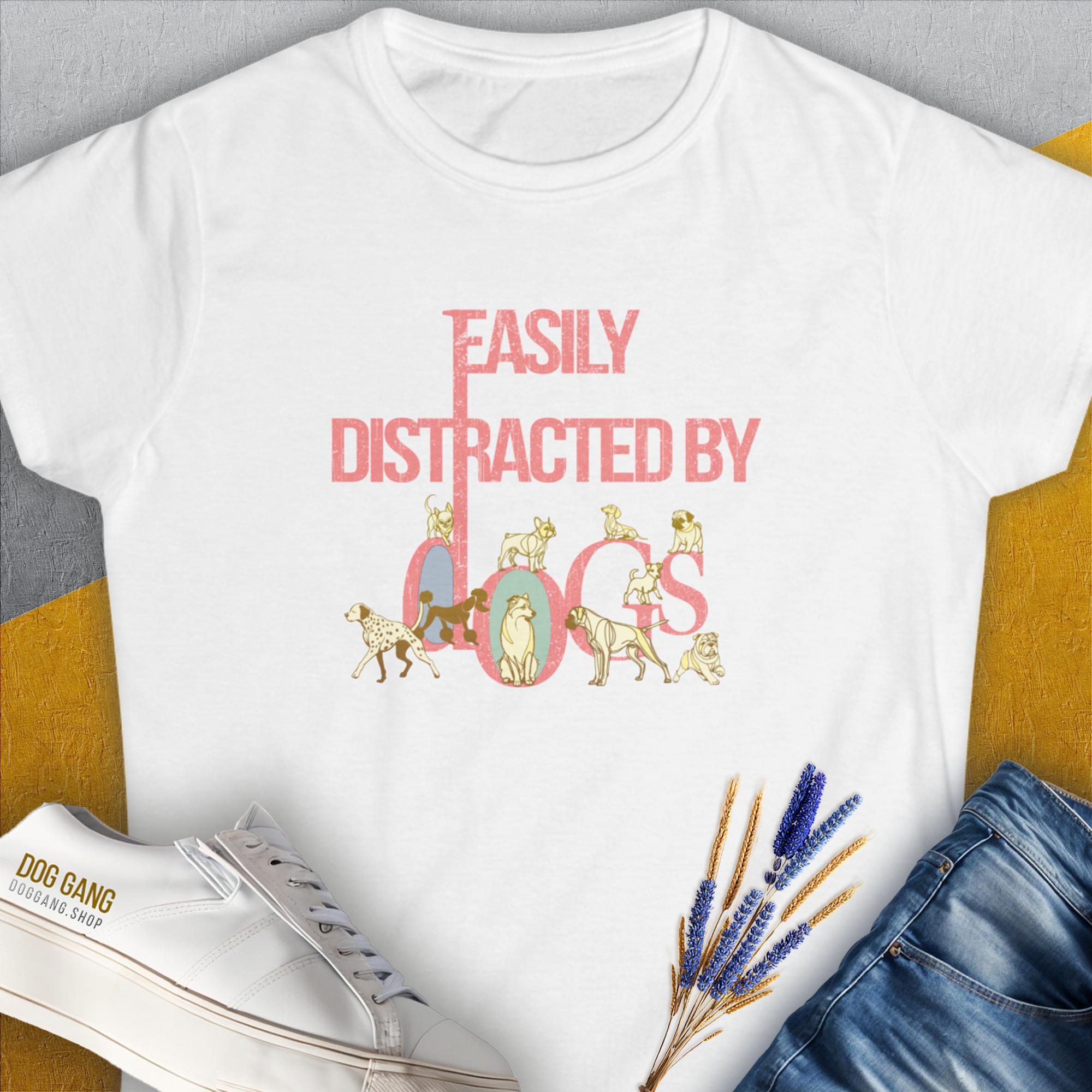 Easily Distracted By Dogs Series, Volume 2, Women&#39;s T-Shirt-White. For dog lovers and dog owners. Design by Dog Gang