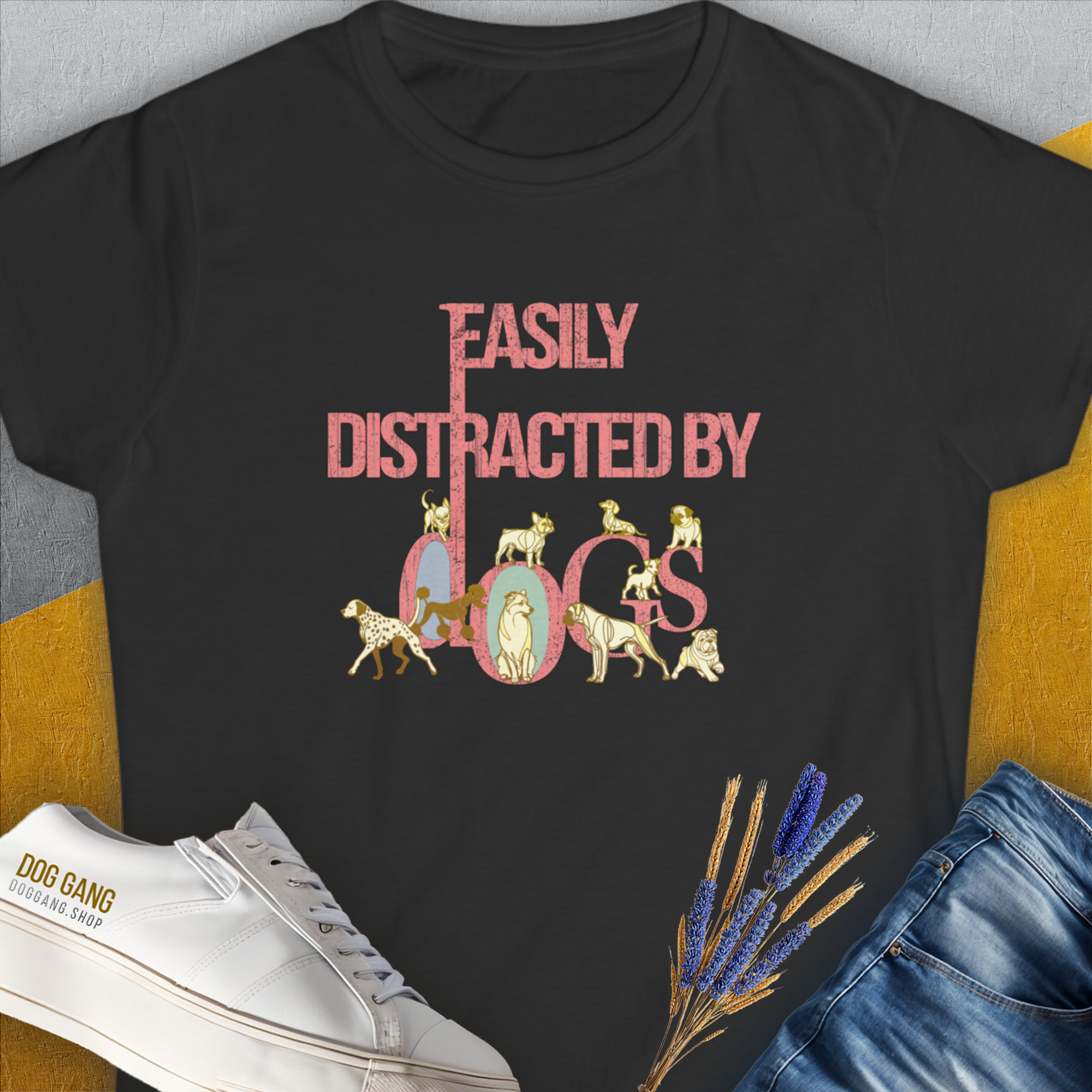 Easily Distracted By Dogs Series, Volume 2, Women&#39;s T-Shirt-Black. A perfect gift for dog lovers and dog owners. Design by Dog Gang