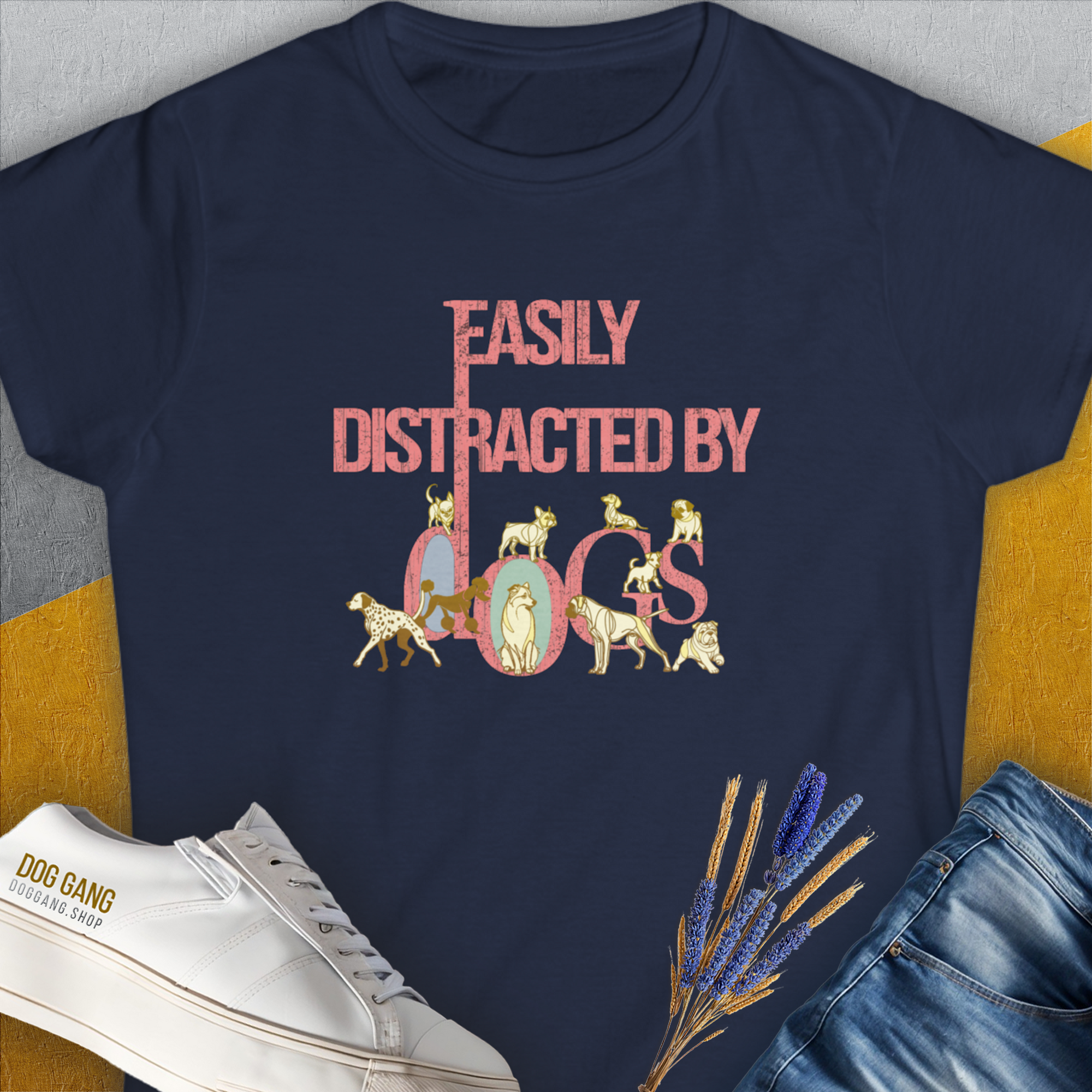Easily Distracted By Dogs Series, Volume 2, Women&#39;s T-Shirt-Navy, a cool and stylish design with a funny saying from Dog Gang