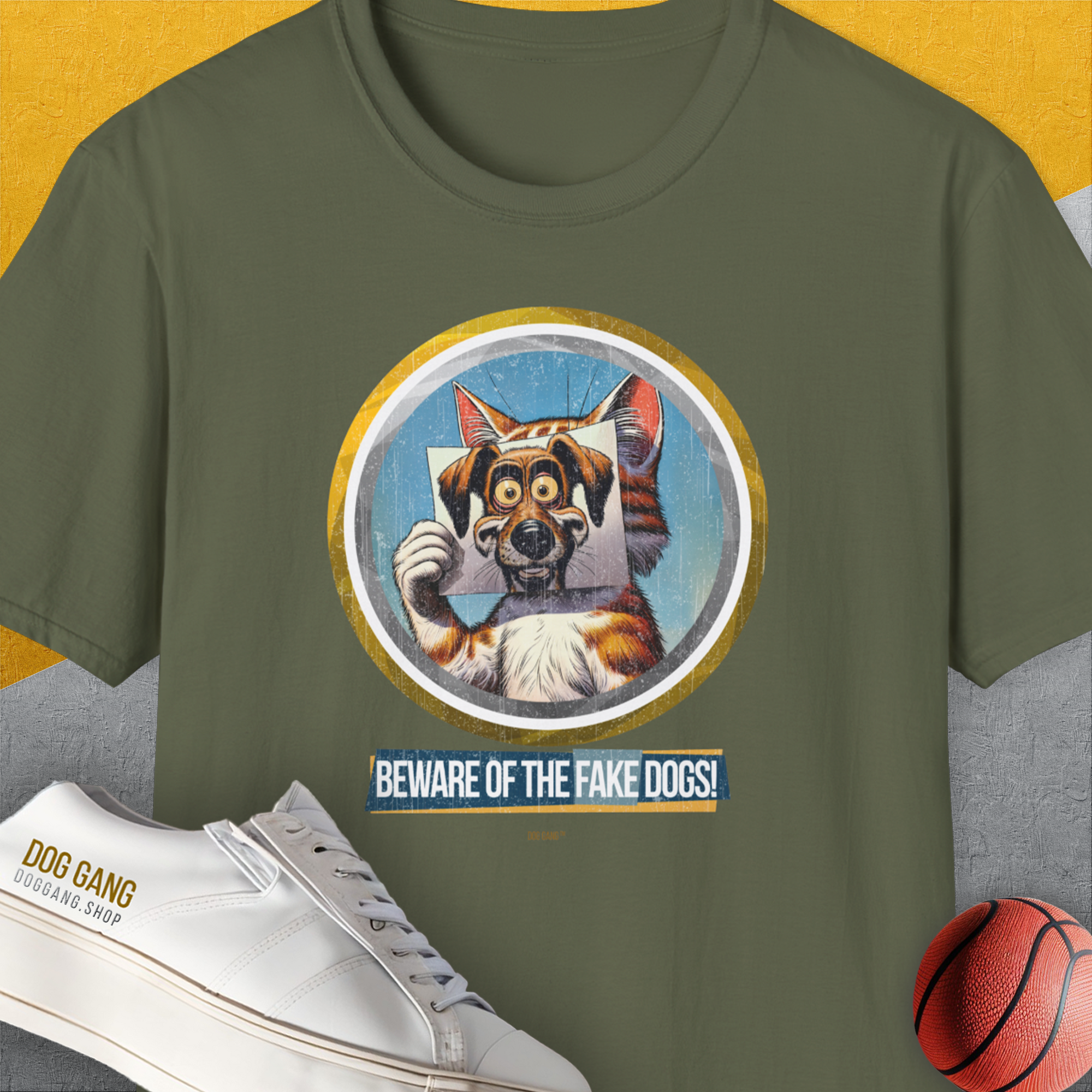 Beware Of The Fake Dogs! Volume 1, Unisex T-Shirt-Military Green, Design by Dog Gang