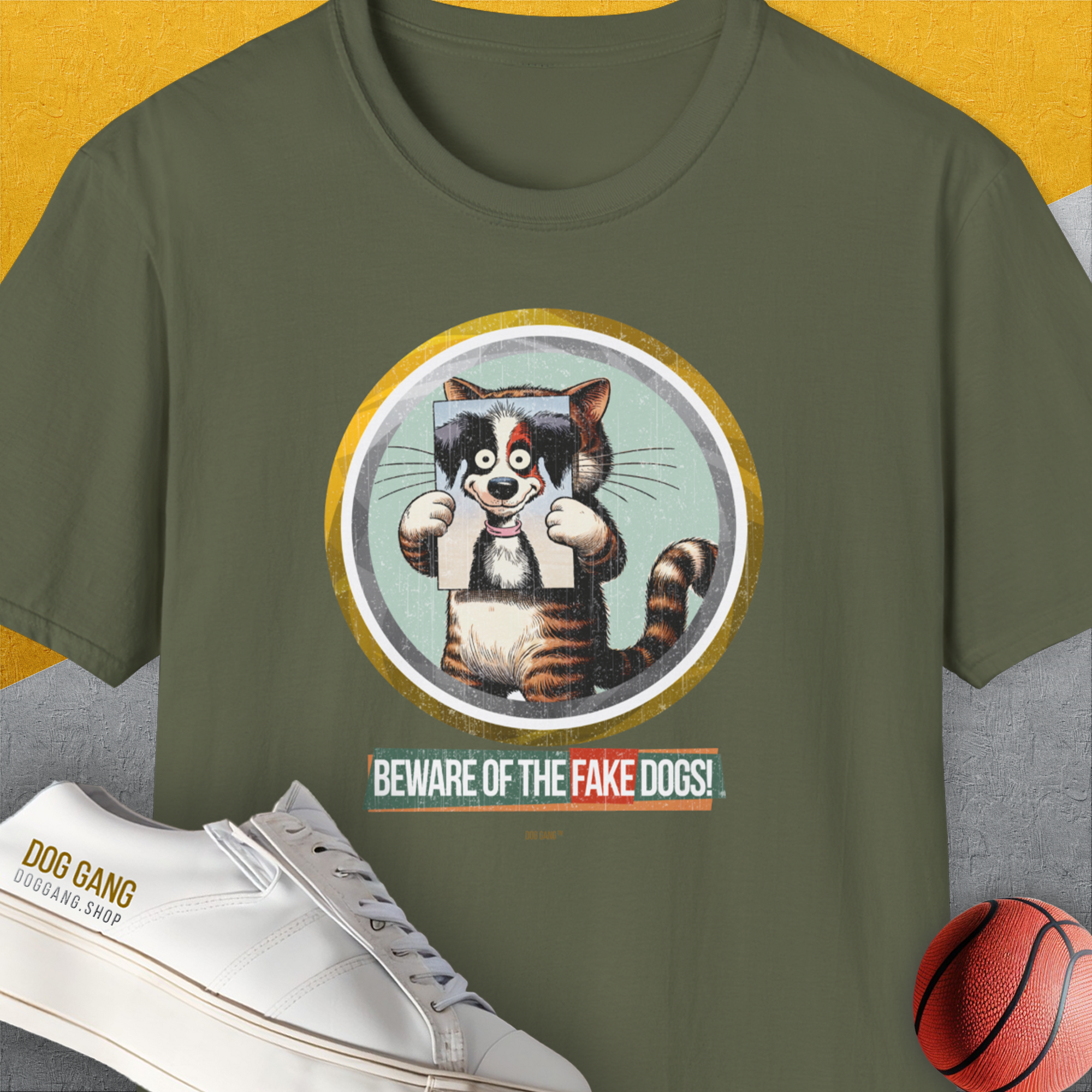 Beware Of The Fake Dogs! Volume 2, Unisex T-Shirt-Military Green, Design by Dog Gang