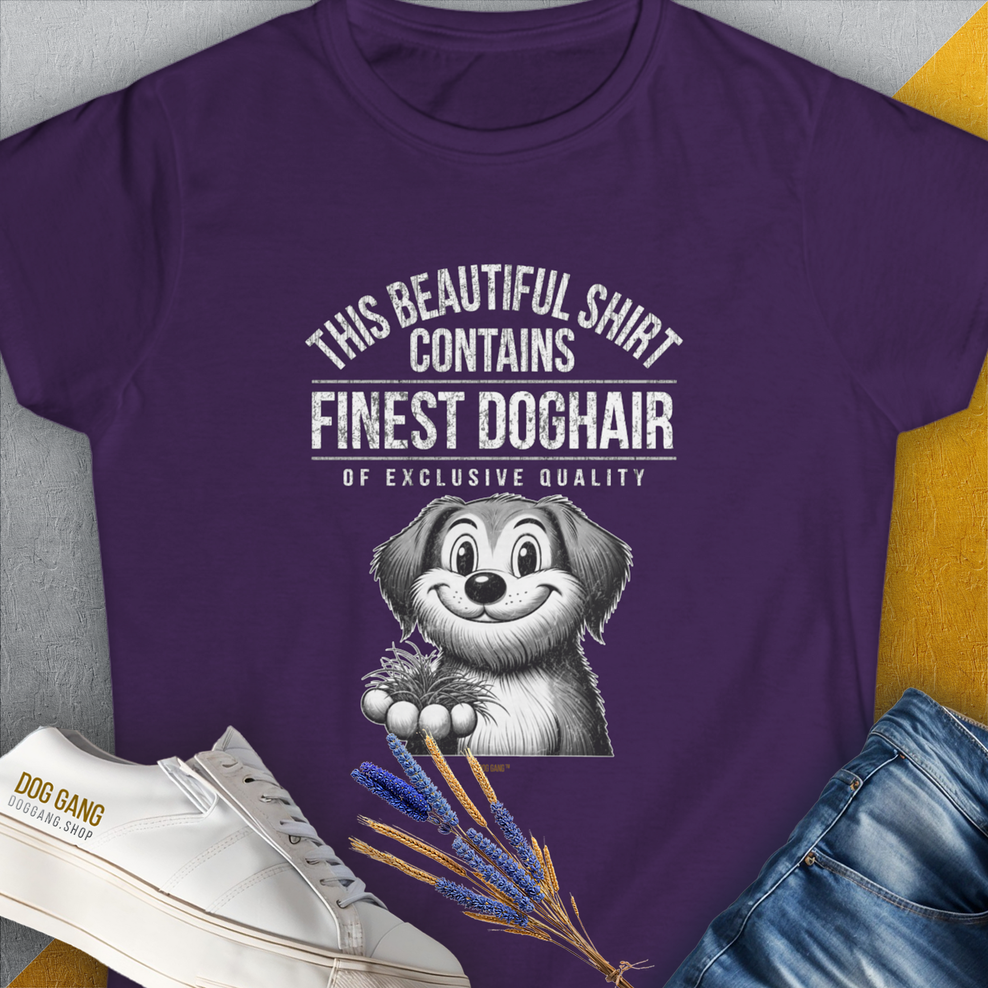 This Beautiful Shirt Contains Finest Dog Hair Of Exclusive Quality, Volume 1, Women&#39;s T-Shirt-Purple, a cool and stylish design with a funny saying from Dog Gang