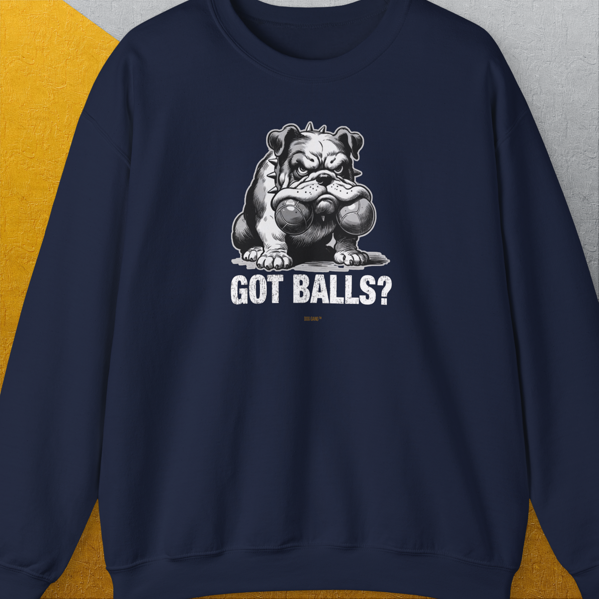 The sweatshirt boasts a funny dog design with a bulldog illustration holding two fetch balls in his mouth and the bold white text GOT BALLS? From the Swiss design label Dog Gang.