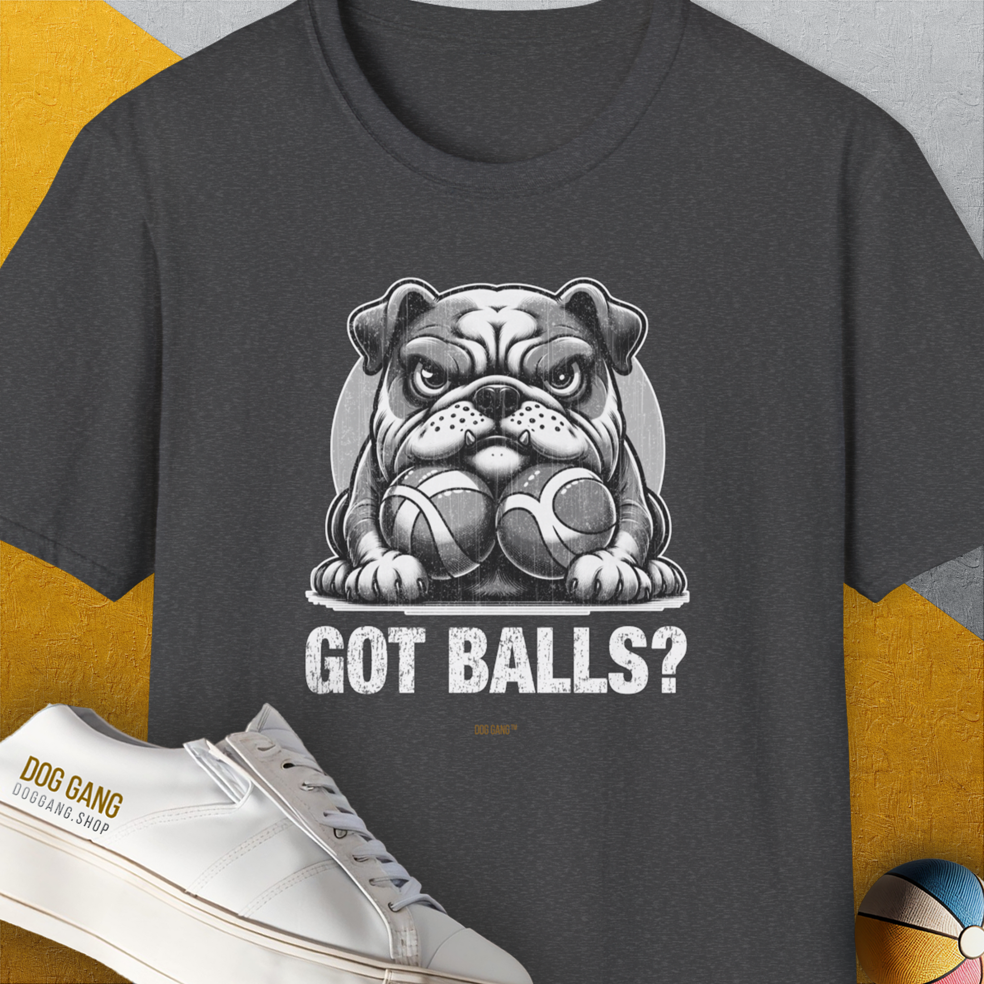 The Got Balls? Volume 4 Unisex T-Shirt features a bulldog graphic with the playful text Got Balls?. A funny dog shirt for any casual outing. Designed by Dog Gang.