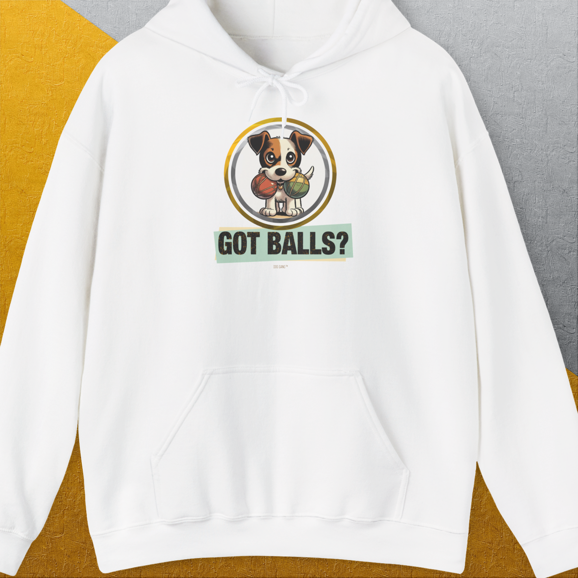 Got Balls? Volume 5, Unisex Hoodie-White. A dog-themed Design from Dog Gang